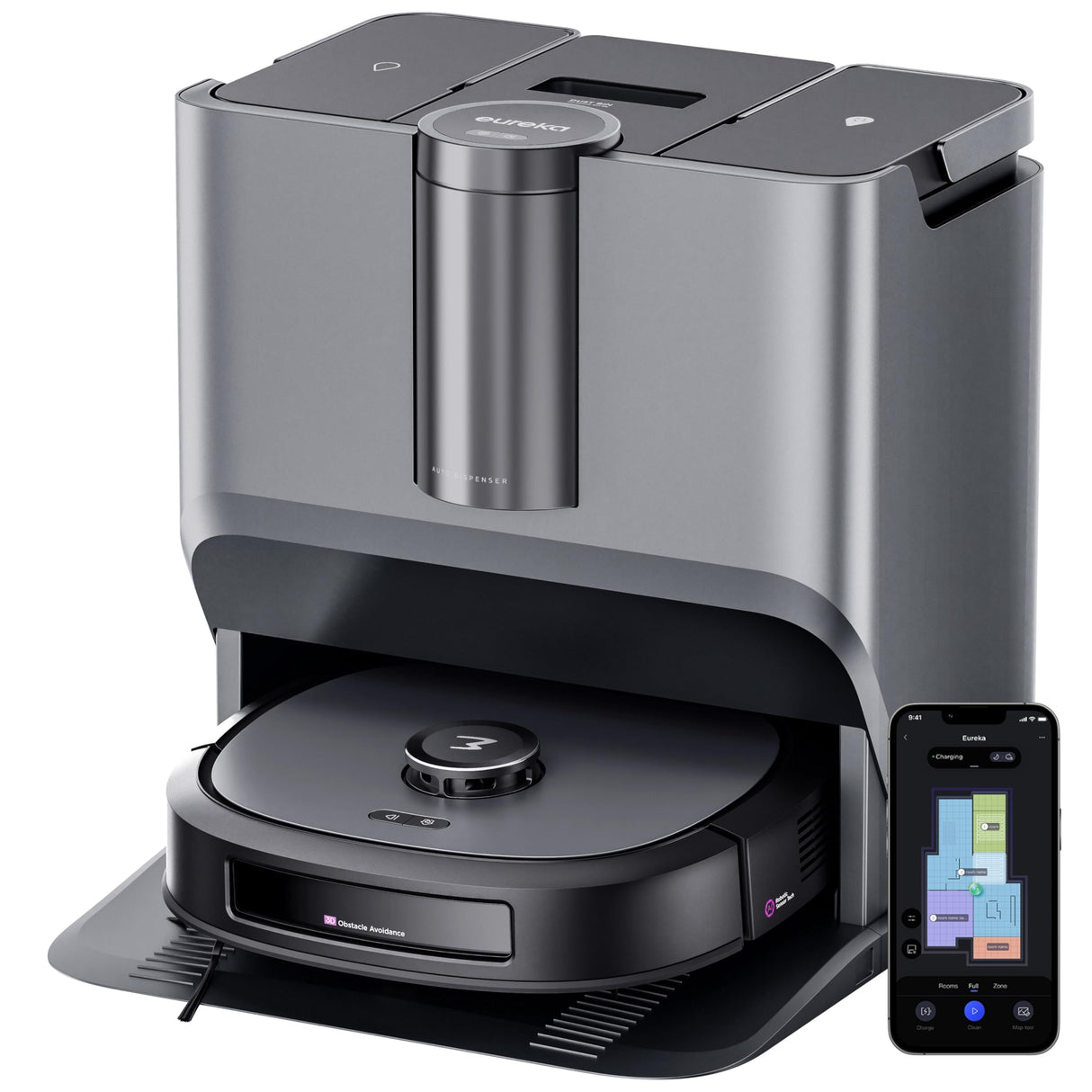 Eureka J20 Robot Aspirador y Fregasuelos, Succión de 8000Pa, Diseño de Mopa con Secado Automático, Evitación de Obstáculos, Detección de Alfombras, Estación Base Autolimpiable, Control por Voz