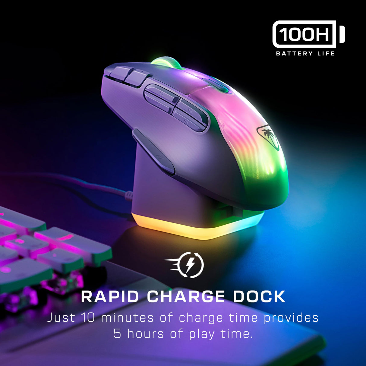 Turtle Beach Kone XP Air - mouse de juego RGB ergonómico inalámbrico personalizable, sensor óptico de 19,000 ppp, batería de 100 horas de duración y base de carga - Blanco