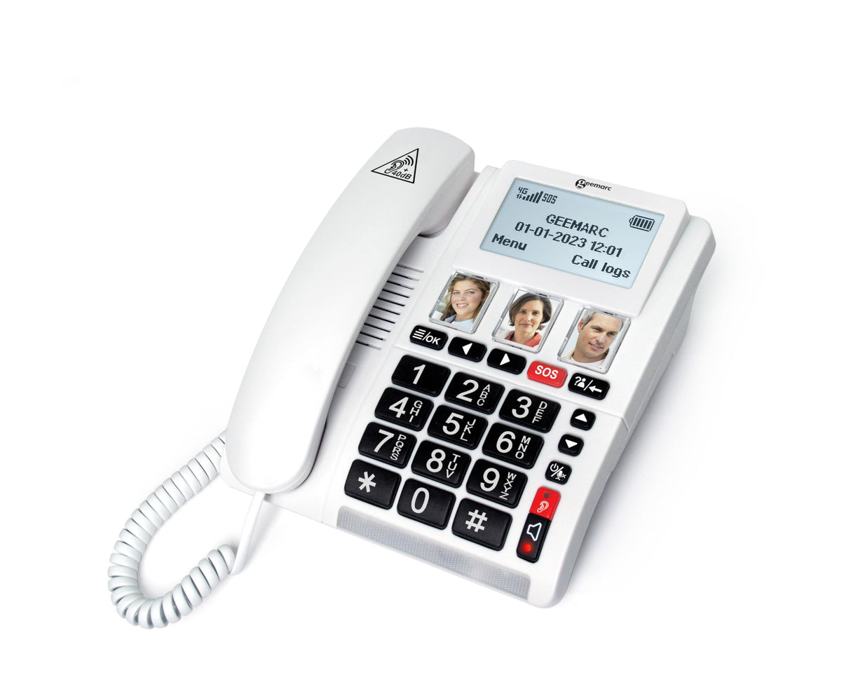 Geemarc CL9000 - Teléfono de Emergencia para el Hogar y su Pulsera SOS Impermeable con Botones Grandes, Volumen Amplificado y Pantalla Retroiluminada - Funciona Sólo con Tarjeta SIM