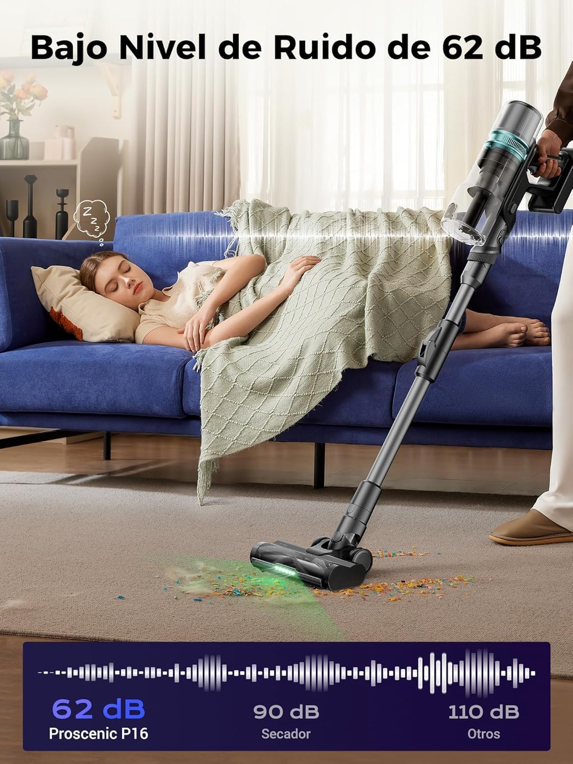 Proscenic P16 Aspiradora sin Cable 55Kpa/550W/65Mins, Aspiradora Escoba Vertical con Tubo Plegable, Cepillo Anti-Enredo y Pantalla Táctile LED para Suelo/Alfombra/Pelos de Mascotas