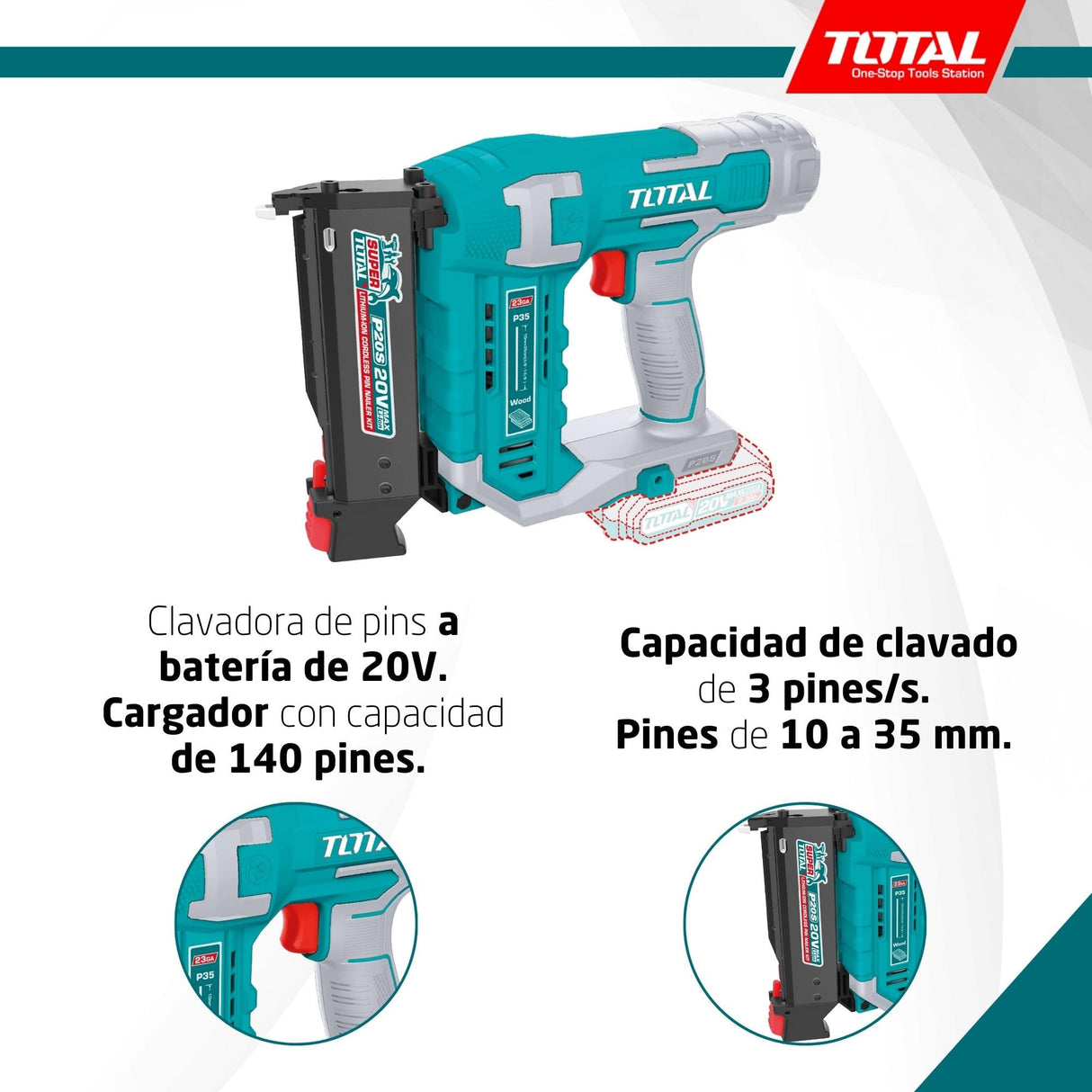 TOTAL - Clavadora de Pins a Batería 20V | 3 Pines | Compatible 10-35 mm | Cargador 140 Pines | Modelo TCBNLI3603 | Herramienta Eléctrica con Maletín y 3600 Pines Incluidos