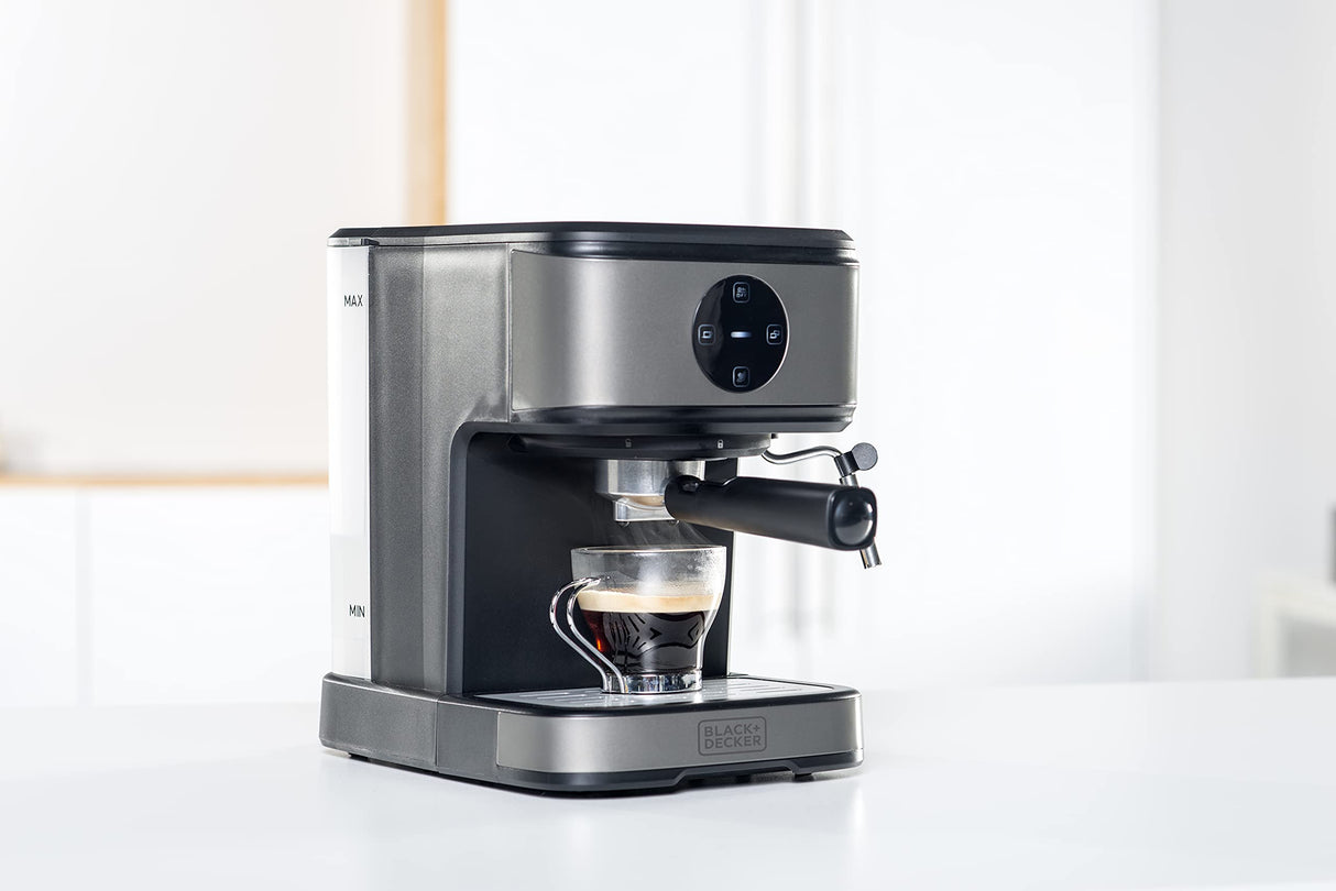 Black+Decker BXCO850E - Cafetera espresso, 20bar, 1 o 2 cafés, función vapor, paro automático, cantidad programable, sistema extra cream, 1.5l, acabado antihuellas en acero inox, 850W