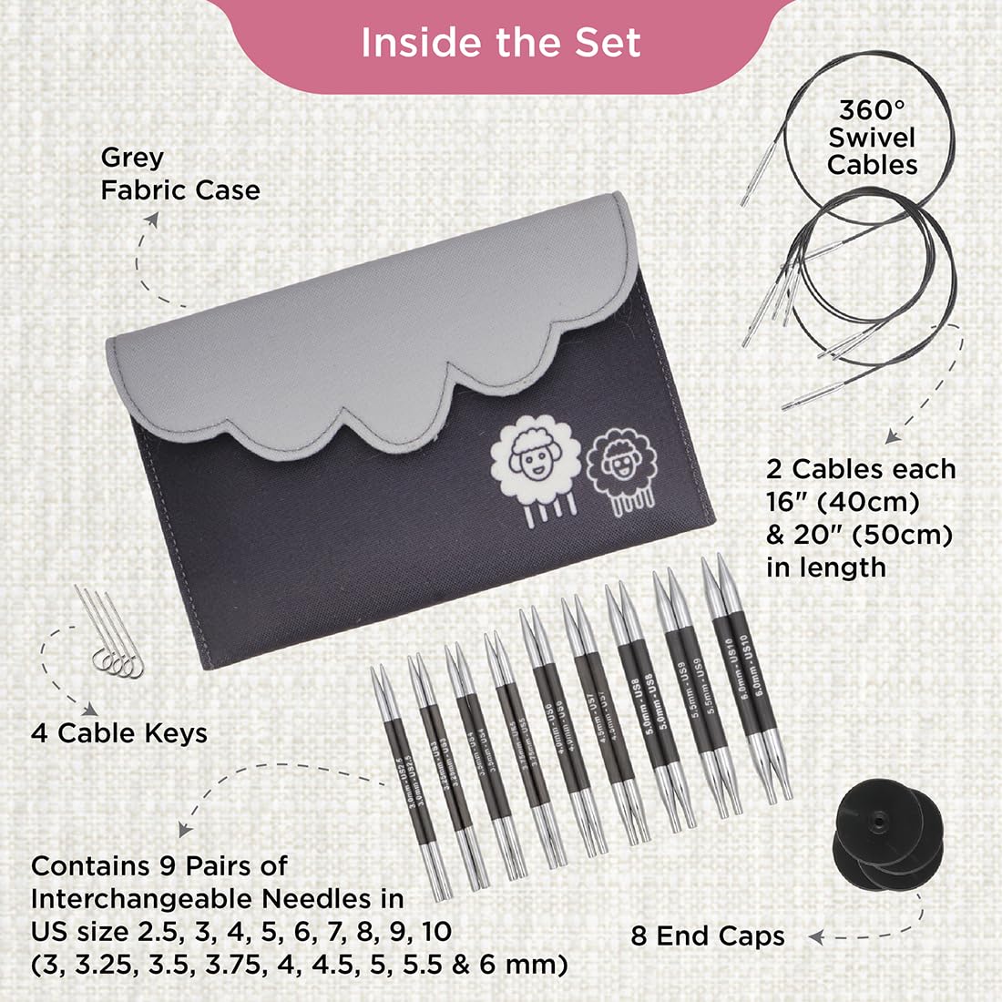 KnitPro Karbonz Kit de Agujas Intercambiables - Pares de Alfileres Circulares de 9x10 con Accesorios Karbonz Deluxe Set para Principiantes, Profesionales y Caja de Regalo