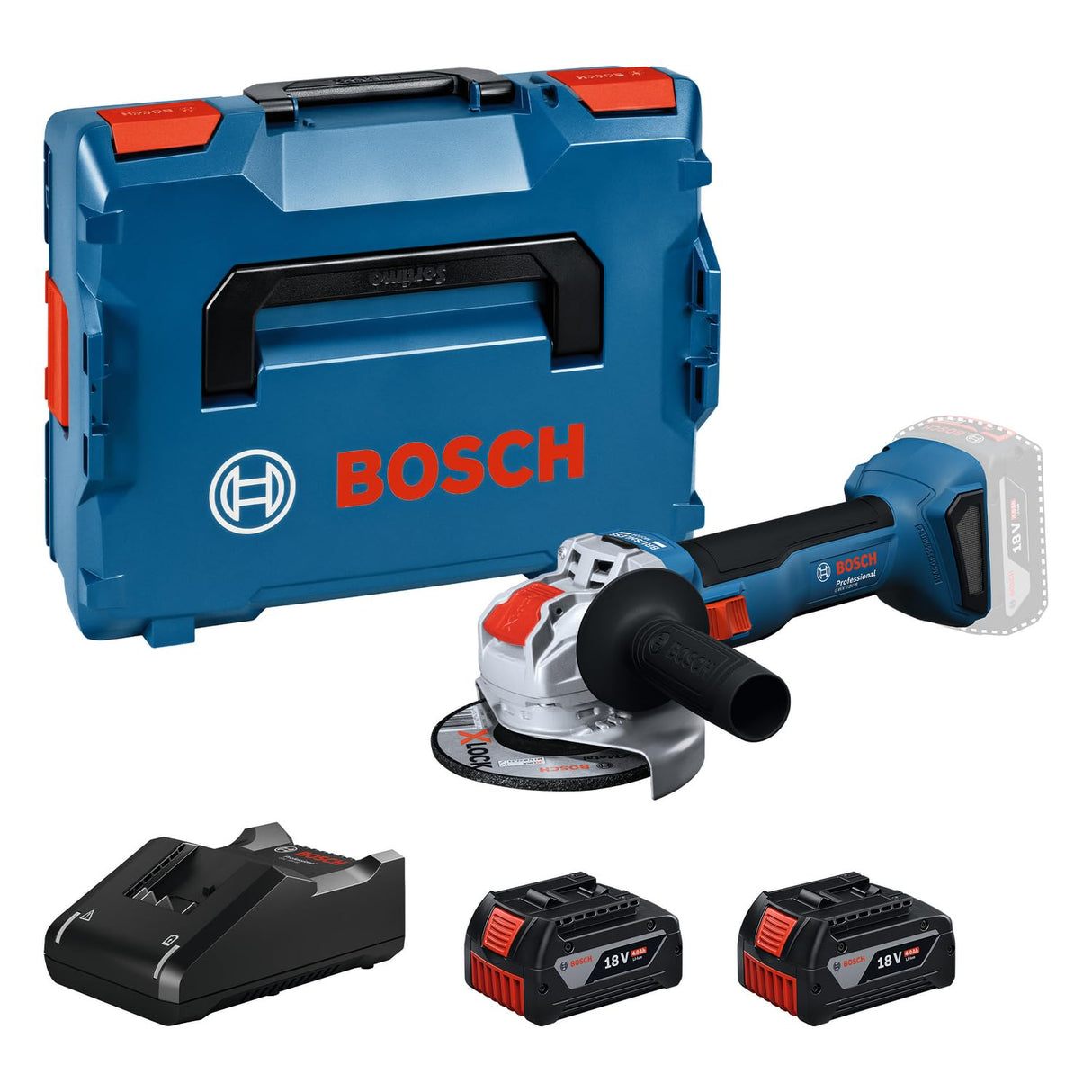 Amoladora angular a batería GWX 18V-8 con Bosch Professional 18V System y X-LOCK (incl. 2 baterías GBA 18V 4.0 Ah, cargador rápido GAL 18V-40, empuñadura auxiliar, cubierta de protección, L-BOXX 136)