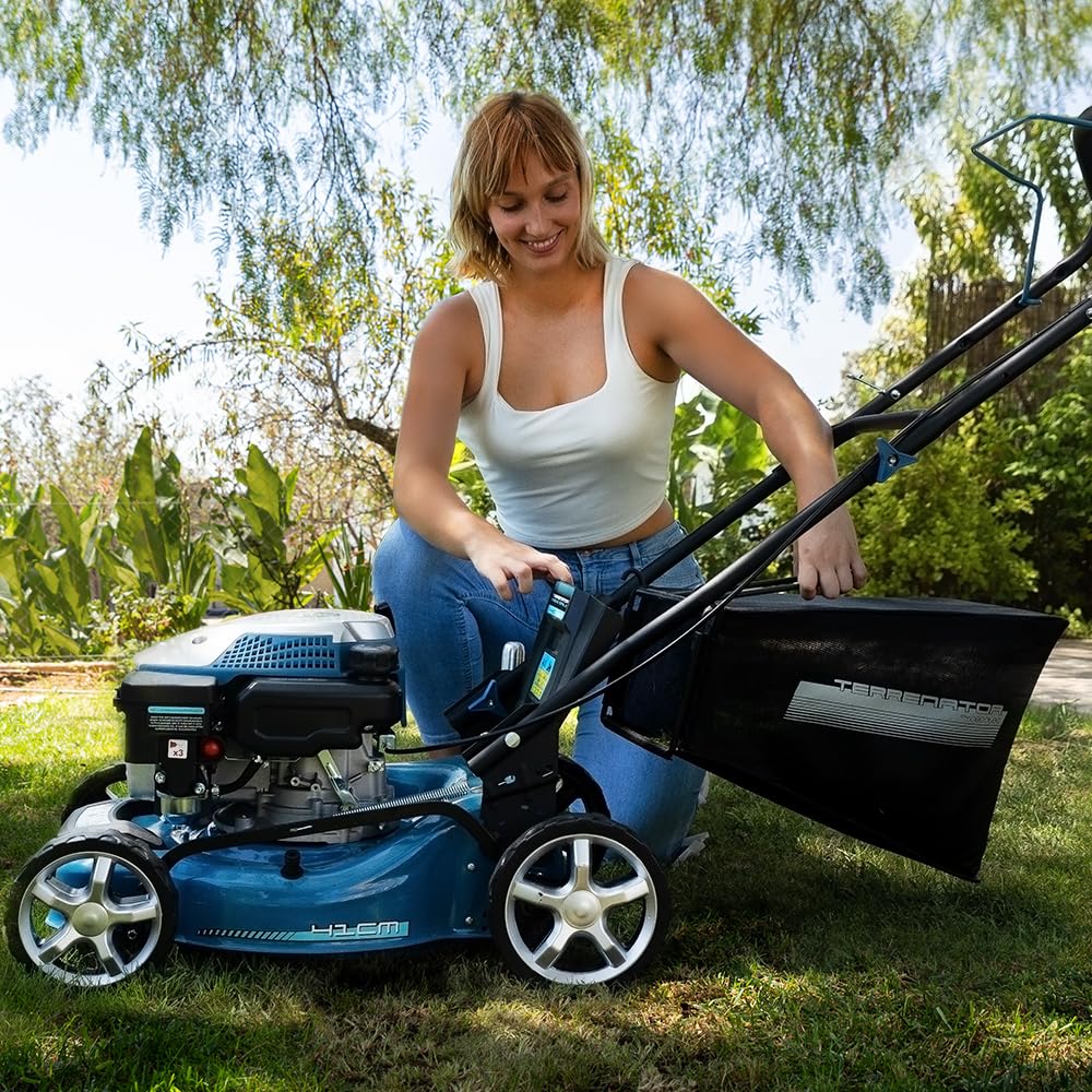 Cecotec Cortacésped de Gasolina Terrenator 2700.41 Total Z. Motor de 144cc, 2,4kW y 3,2CV, Cuerpo de Acero 41cm, Cambio de Altura Sistema Z-Tech, Corte, Recogida y Mulching, Ruedas Traseras XL