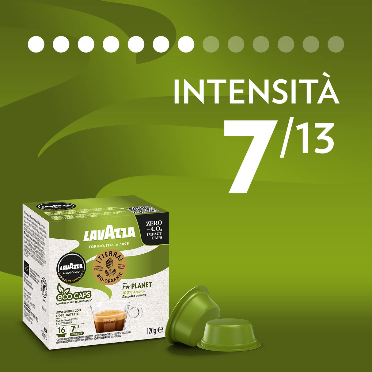 Lavazza, A Modo Mio - Máquina de café Tiny Eco verde con 64 cápsulas ¡Tierra! Surtidas, cafetera expreso de plástico reciclado, 1450 W, 220-240 V, 50/60 Hz, 0,6 litros