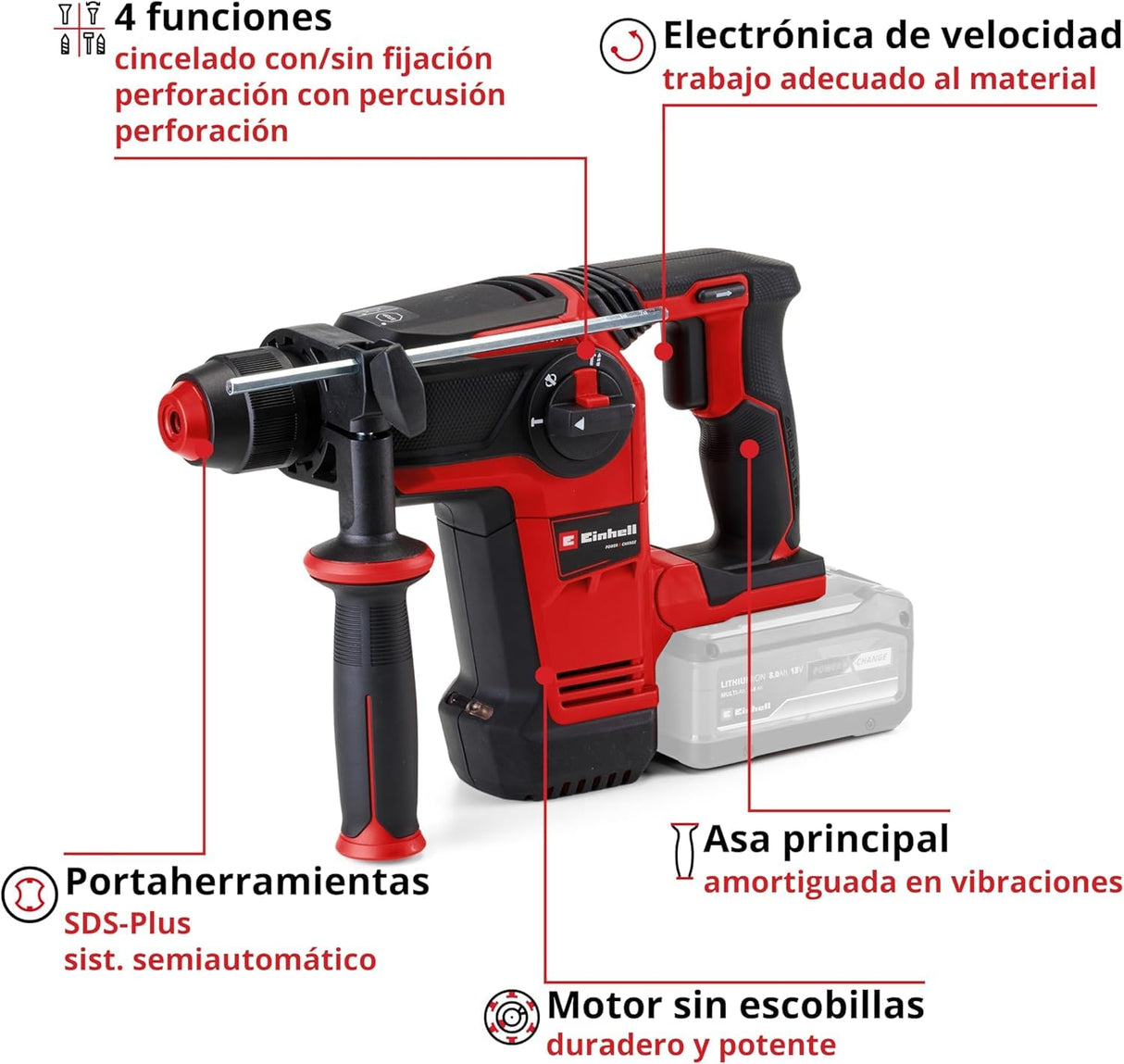 Einhell Professional martillo perforador con batería TP-HD 18/26 Li BL-Solo Power X-Change (18 V, sin escobillas, 2,6 J, SDS-plus, mecanismo de impacto neumático, 4 funciones, maletín, sin batería)