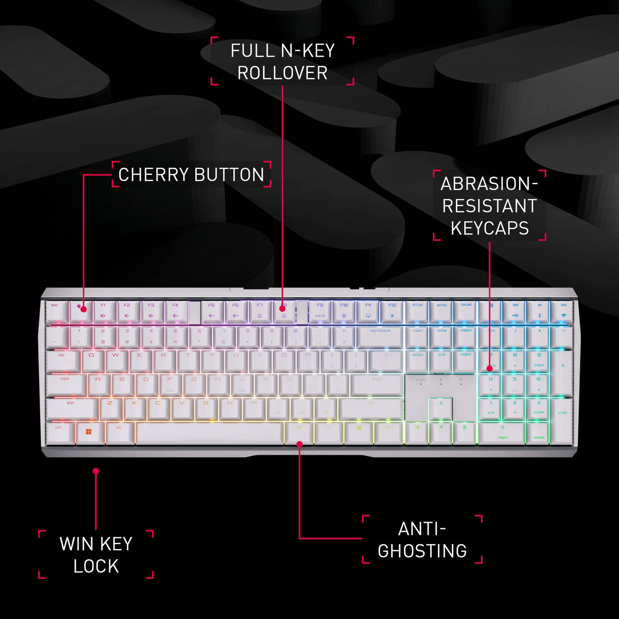 CHERRY MX 3.0S Wireless, teclado Gaming mecánico inalámbrico con iluminación RGB, distribución de teclado alemán (QWERTZ), conexión Bluetooth, radiofrecuencia o cable, switches MX BROWN, blanco