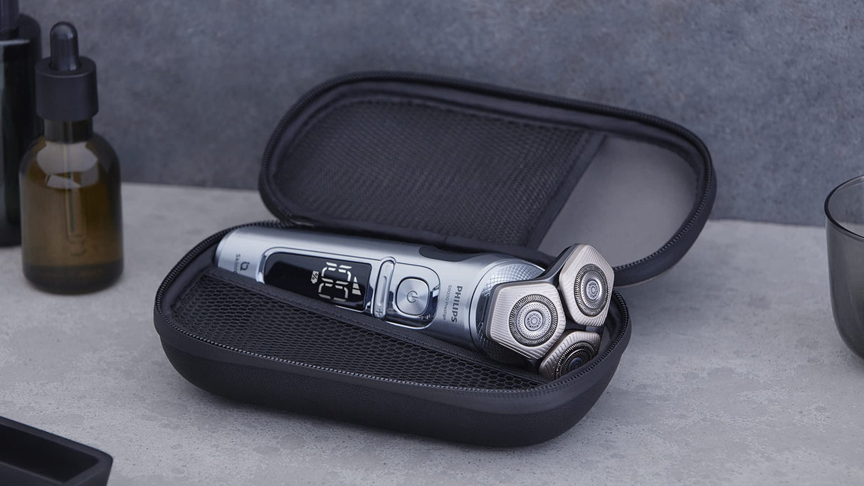Philips Serie 9000 Prestige Afeitadora Eléctrica Hombre, Máquina de Afeitar Barba con Barbero, 72 cuchillas, 60min de uso, En Seco y Húmedo, Recargable, Base Carga QI, Naricero, SP9871/22, Cromo