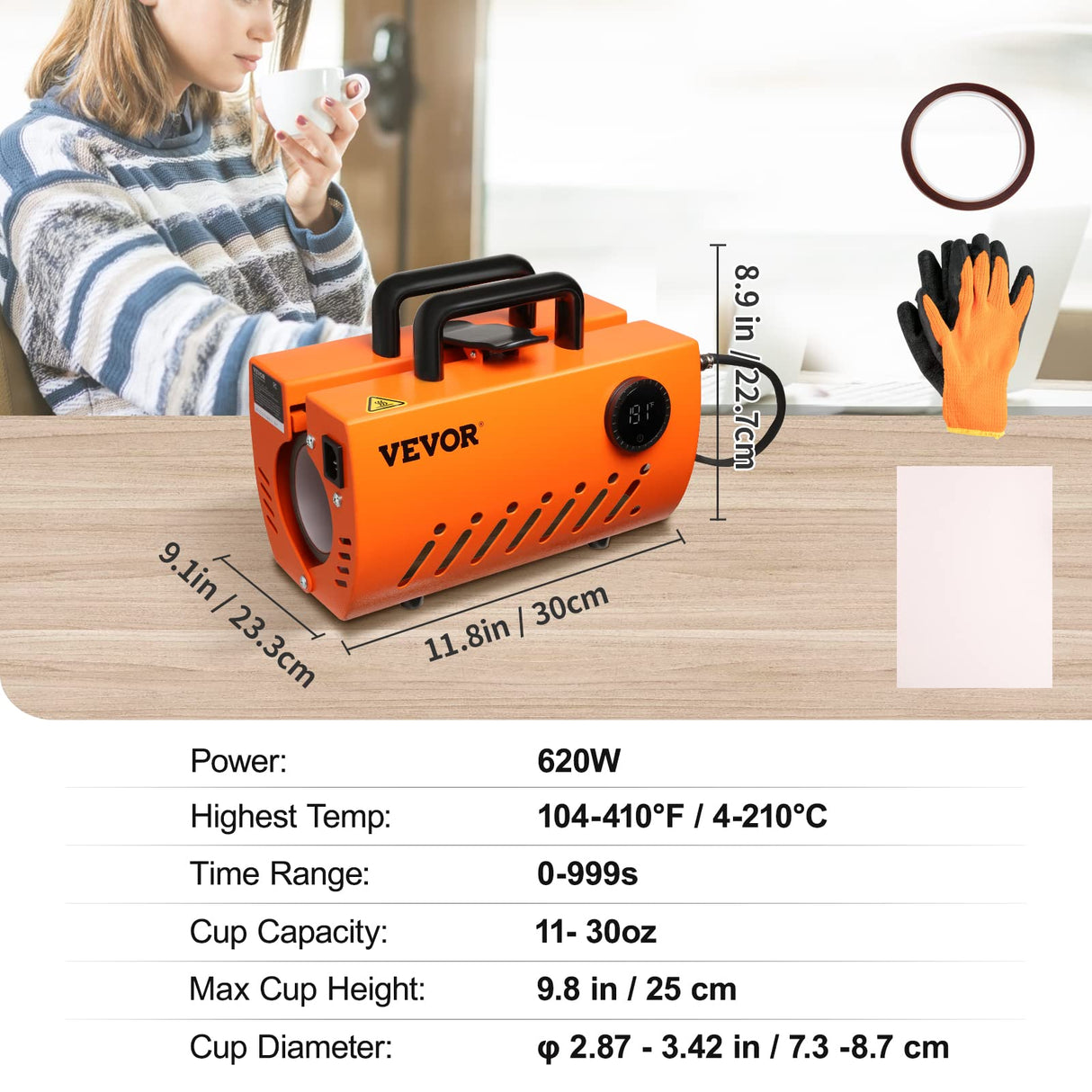 VEVOR Prensa Térmica para Tazas de 11-30 oz Prensa para Tazas Vasos 620 W Máquina de Impresión de Transferencia 23,5 x 11,5 x 1 cm con Guantes Resistentes al Calor y Cinta DIY Tazas de Cerámica Vasos