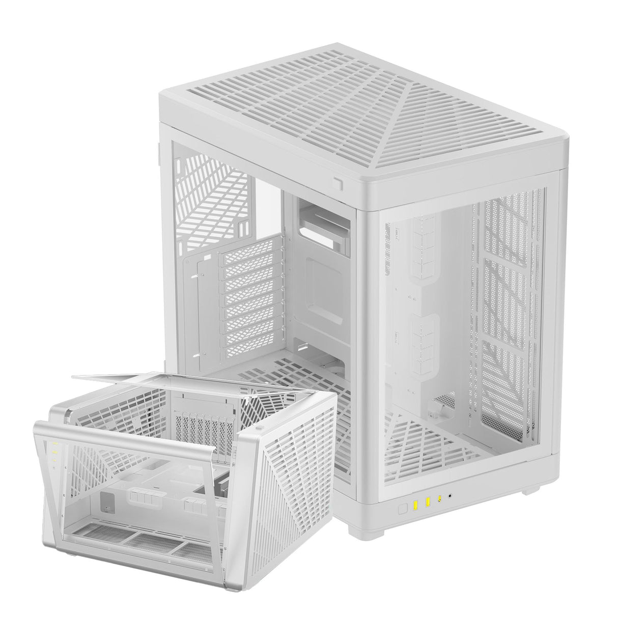 GAMDIAS RGB Dual-Chamber Tempered Glass Gaming PC Case, 2-Way Standing w/Vertical & Horizontal Orientaton & One-Touch Open Computer Case Support 420mm AIO & Huge Cable Management