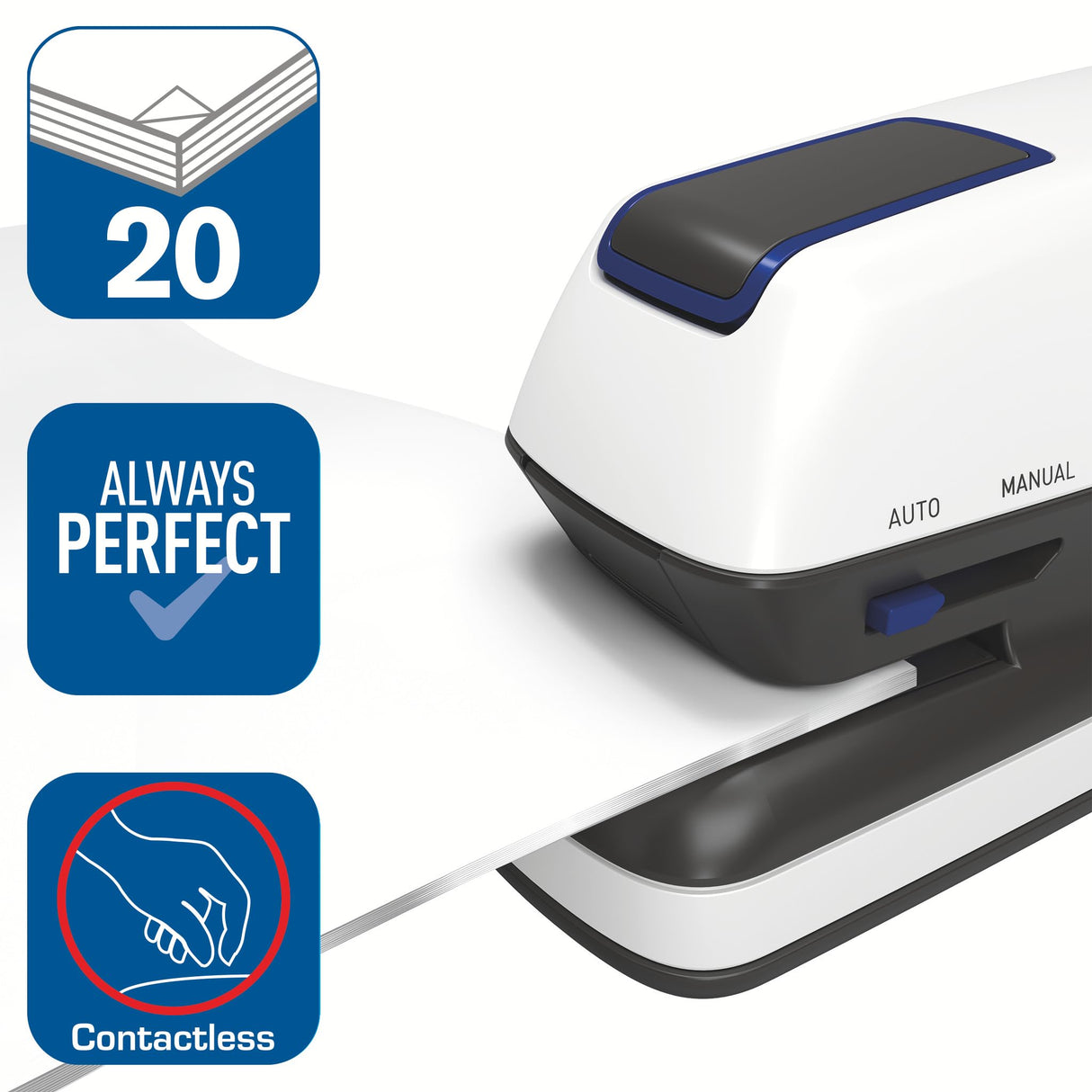 Rexel Rapid Grapadora Eléctrica Contactless Optima GripE, Grapadora Automática con 1000 Grapas Incluidas, Grapadora Color Blanco, Hasta 20 Hojas, 2102349