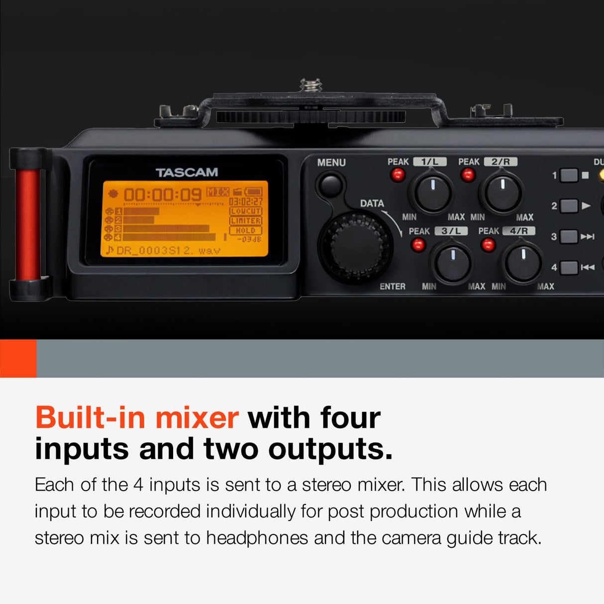 TASCAM Grabadora de audio portátil de 4 canales para videógrafos, 4 entradas combinadas XLR/TRS, 2 micrófonos internos, limitador, filtro HP (DR-70D)