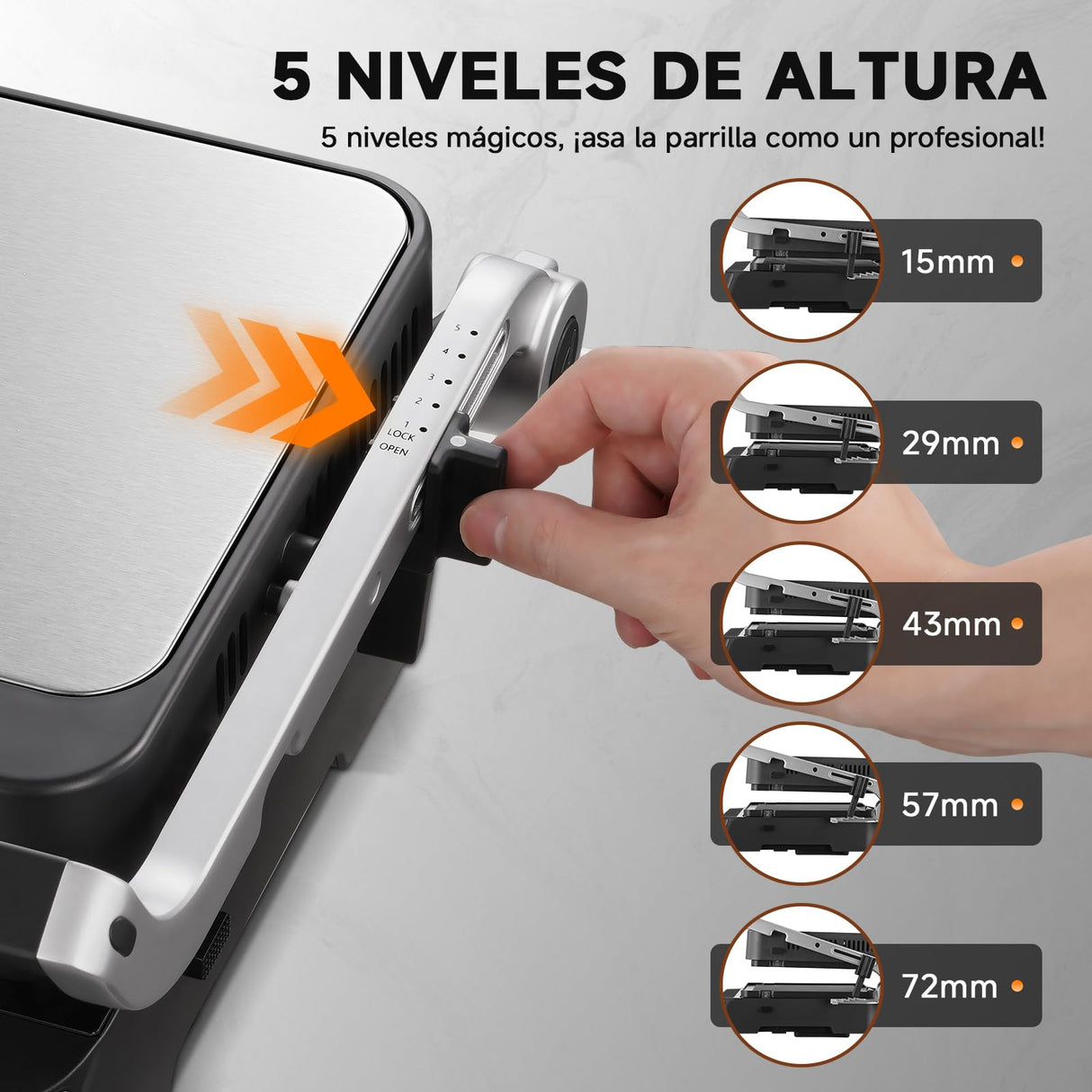 AMZCHEF parrilla eléctrica con 6 programas, función Sear hasta 280 °C, modo manual, sensor de temperatura, placas desmontables y bandeja para gofres. Ideal para carne, pescado, paninis y gofres