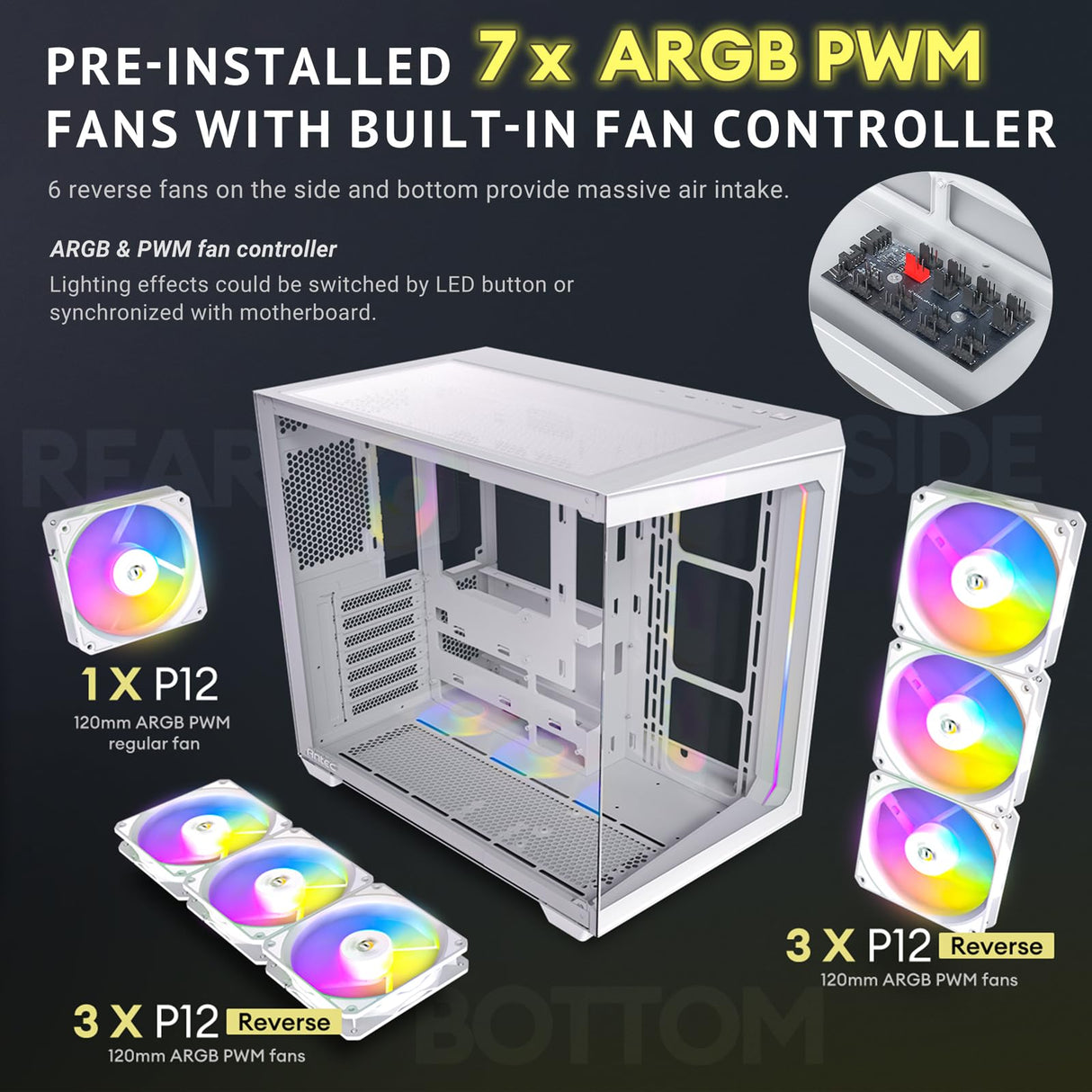 Antec C5 ARGB Blanco, Ventiladores ARGB PWM de 7 x 120 mm incluidos, hasta 10 Ventiladores simultáneamente, Puerto Tipo C 3.2 Gen 2, Paneles Frontales y Laterales de Vidrio Templado sin Costuras,