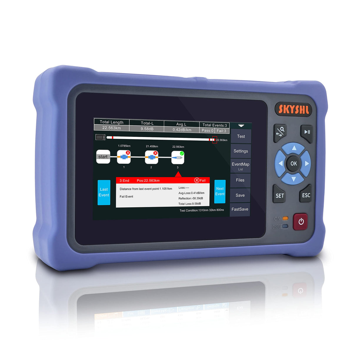 SKYSHL 1310nm/26dB+1550nm/24dB Probador de Fibra OTDR (Incorporado OPM+OLS+VFL+Rastreador RJ45+Event Map) SM Reflectómetro Óptico en el Dominio del Tiempo (SC+FC+ST+LC UPC&APC)-SS304T-2A