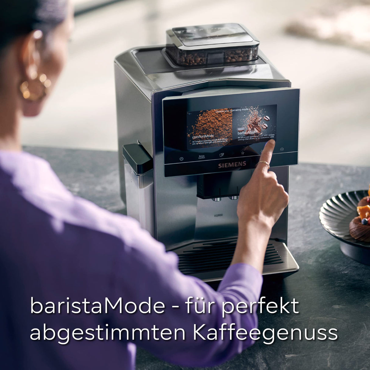 Siemens cafetera automática EQ900 TQ905D03, pantalla táctil, modo barista, reducción de ruido, 10 perfiles, trituradora premium, limpieza de vapor, 1500 W, acero inoxidable