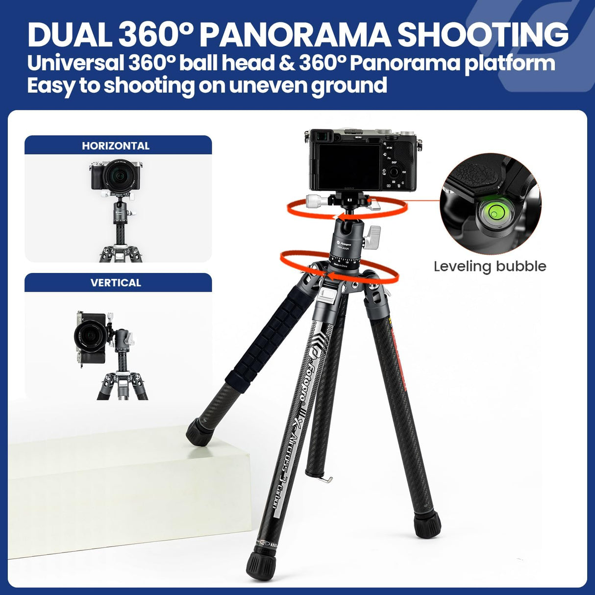 Fotopro Trípode de Viaje Ligero de 62 Pulgadas con monopio 360 Cabeza de Bola retráctil Estable 2.07 lbs trípode de Fibra de Carbono Profesional Ultraligero para cámara DSLR