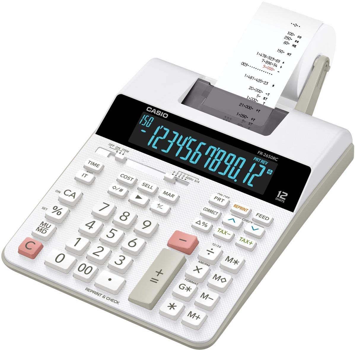 Casio FR-2650RC - Calculadora impresora, 12 dígitos, 6.5 x 19.5 x 31.3 cm, color blanco