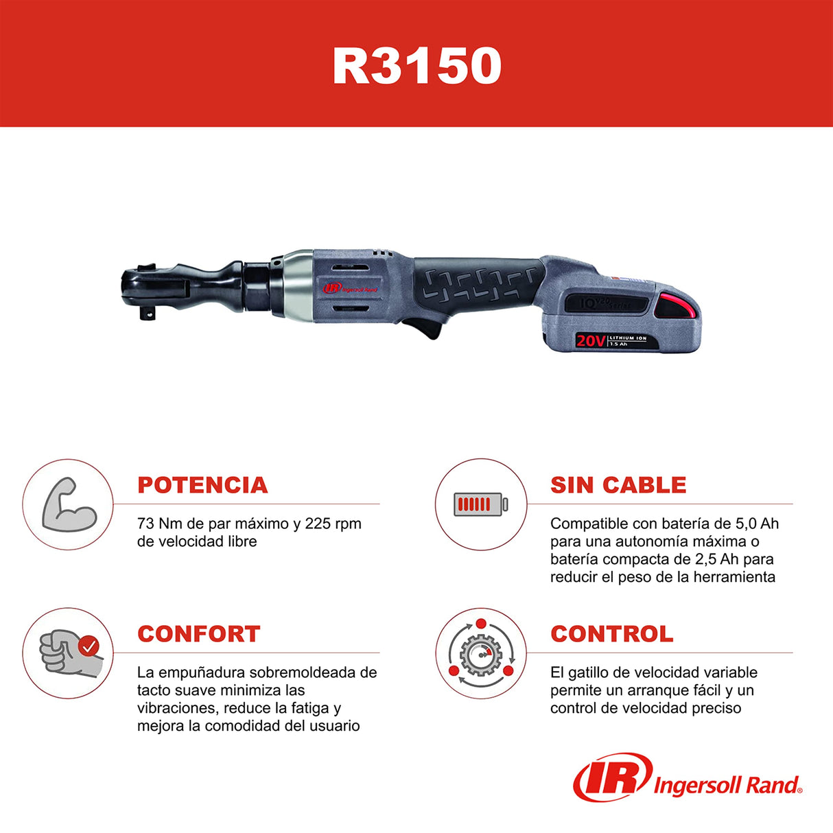 Ingersoll-Rand Llave de Carraca Inalámbrica R3150, 1/2", 20V, ligera, construcción de metal y material compuesto, sólo herramienta