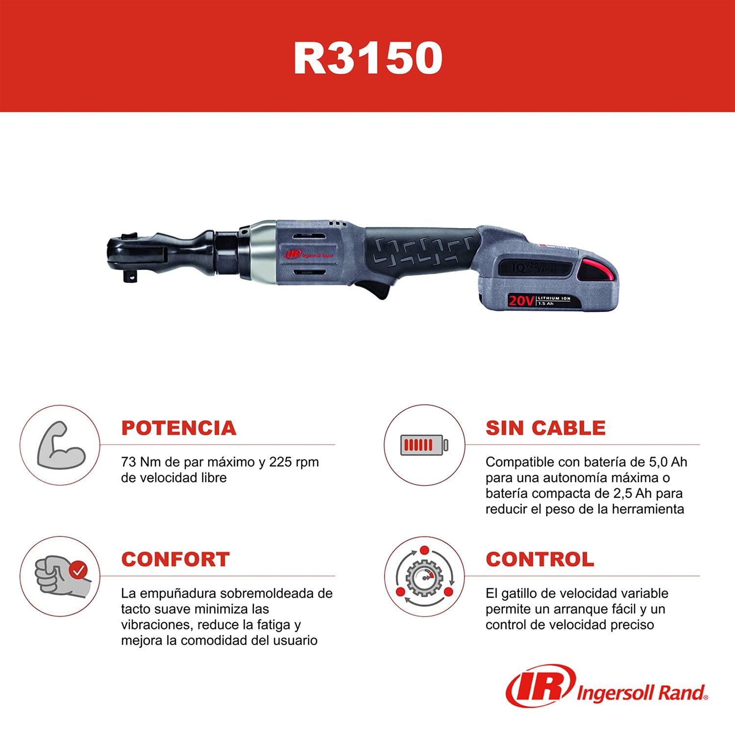 Ingersoll-Rand Llave de Carraca Inalámbrica R3150, 1/2", 20V, ligera, construcción de metal y material compuesto, sólo herramienta