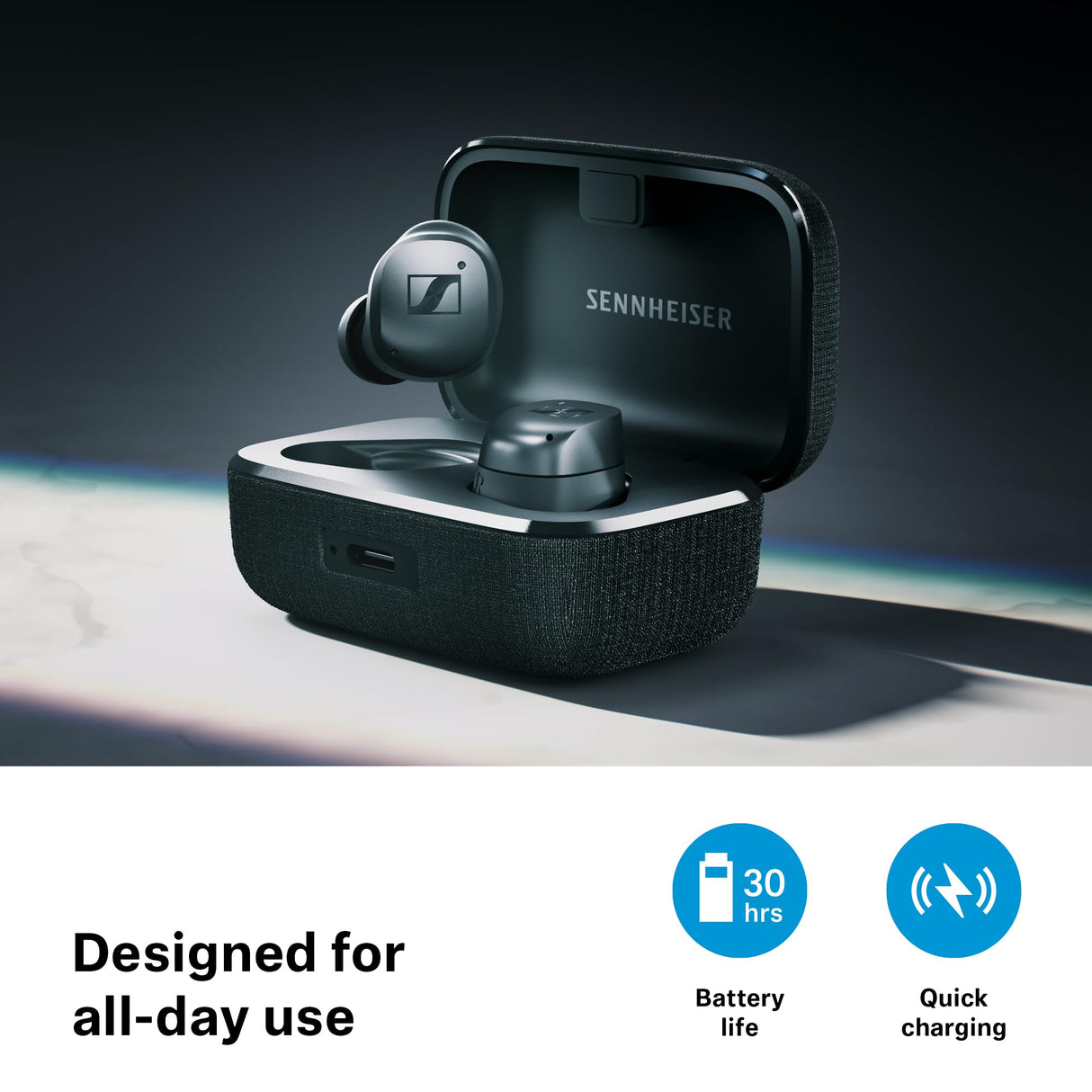Sennheiser MOMENTUM True Wireless 4 auriculares inteligentes - Bluetooth 5.4, sonido nítido, diseño cómodo, 30 horas de autonomía y cancelación de ruido activa adaptativa - blanco plata