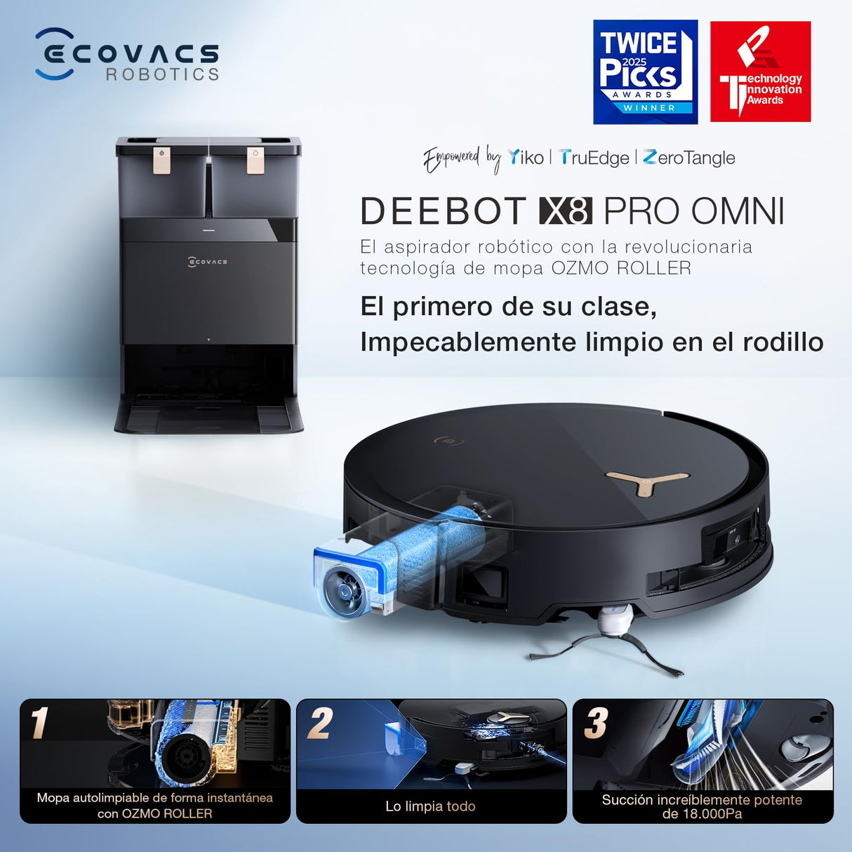 ECOVACS DEEBOT X8 Pro Omni Robot Aspirador y Fregasuelos con Base Automàtico, 18000 Pa, Fregona Autolavante Instantánea OZMO Roller, Lavado con Agua Caliente 75 ℃, Anade Detergente Automatico, Blanco