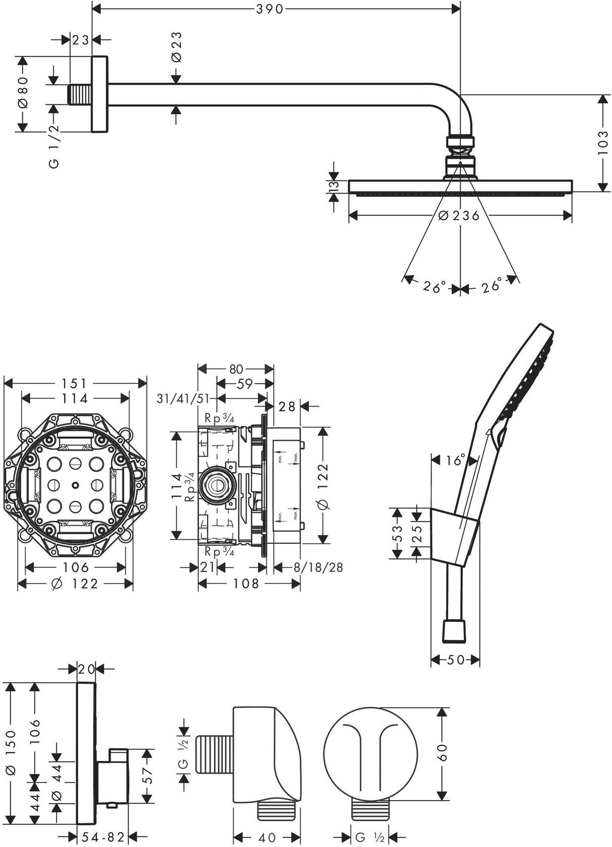 hansgrohe Raindance S 240 - Set de ducha (7 en 1, sistema de ducha con alcachofa, termostato, alcachofa de ducha, manguera de ducha, cuerpo base y soportes), color negro mate