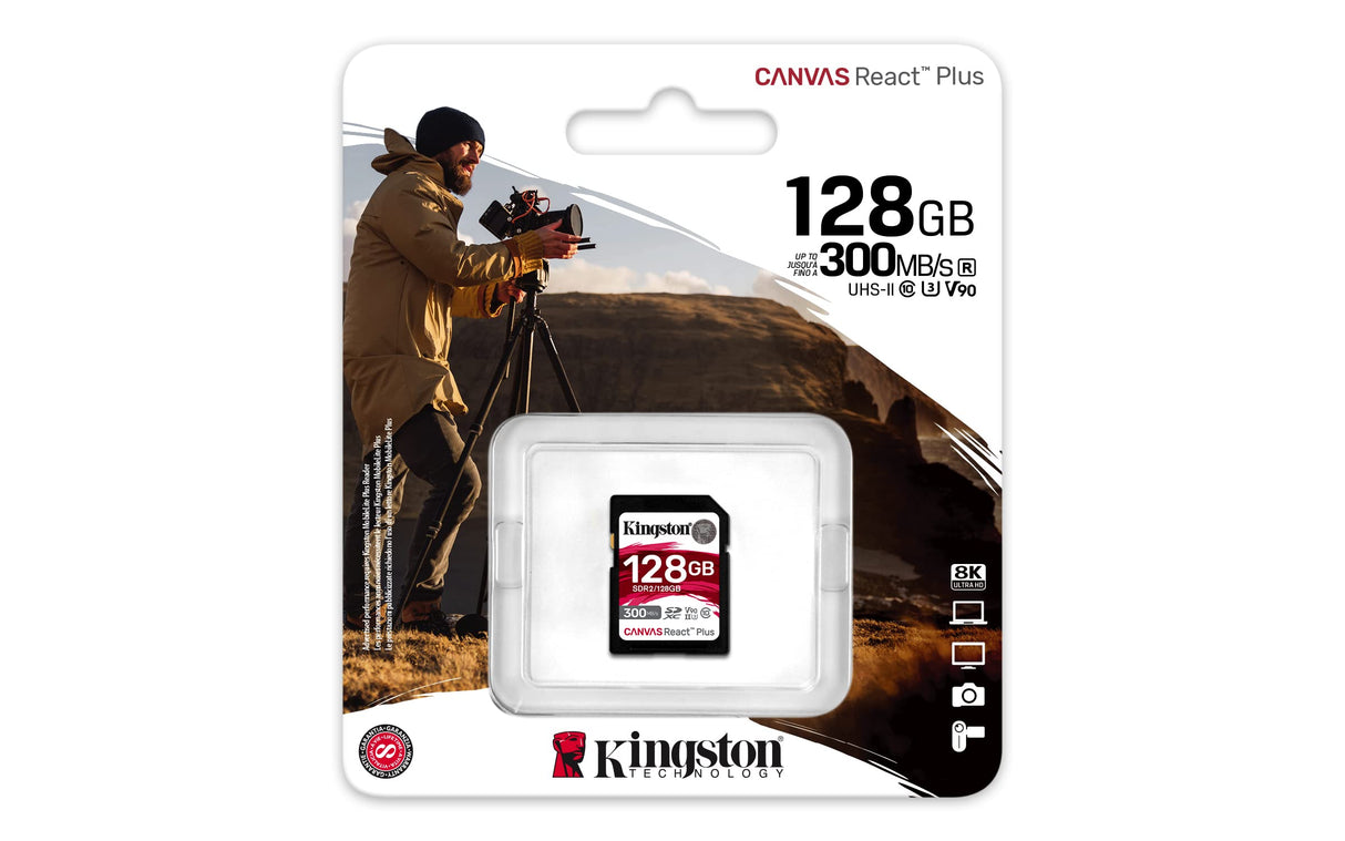Kingston Tarjeta de memoria SDXC Canvas React Plus de 128 GB UHS-II 300R/260 W U3 V90 para Full HD/4K/8K, SDR2/128 GB