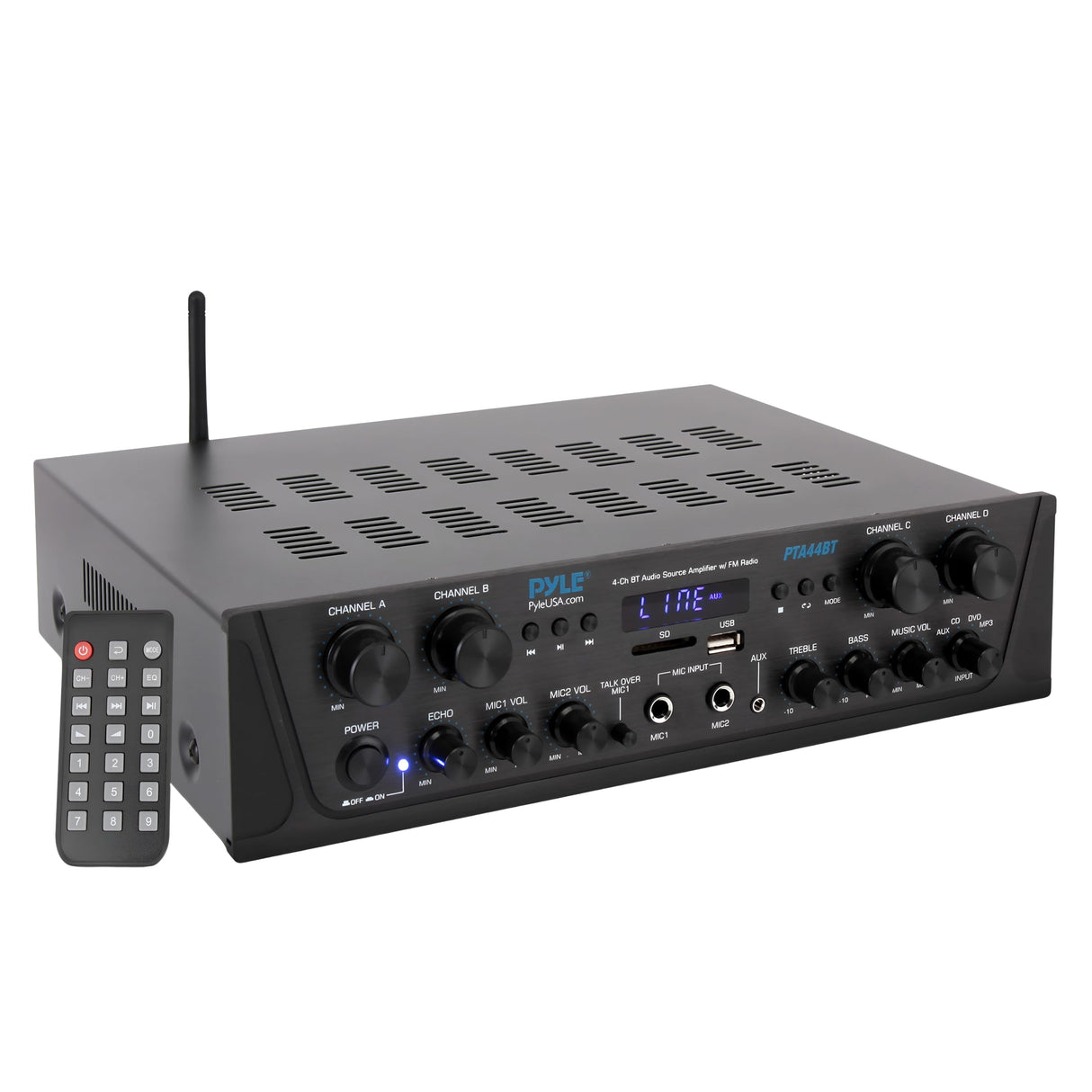 Pyle PTA44BT - Amplificador Bluetooth inalámbrico de 500 W, Audio estéreo de 4 Canales, Receptor de Potencia de Sonido con Entrada AUX, FM, Altavoces de subwoofer RCA, USB, Entrada de micrófono con