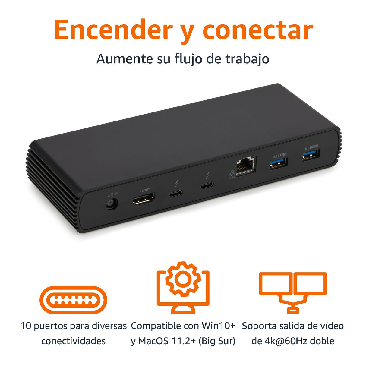 Amazon Basics Estación de acoplamiento compatible con Thunderbolt 4/USB4 Pro, 2 TBT4, 1 HDMI 2.1, 3 USB A 3.1, RJ45, pantalla dual, Negro, 19,96 x 7,5 x 3,12 cm