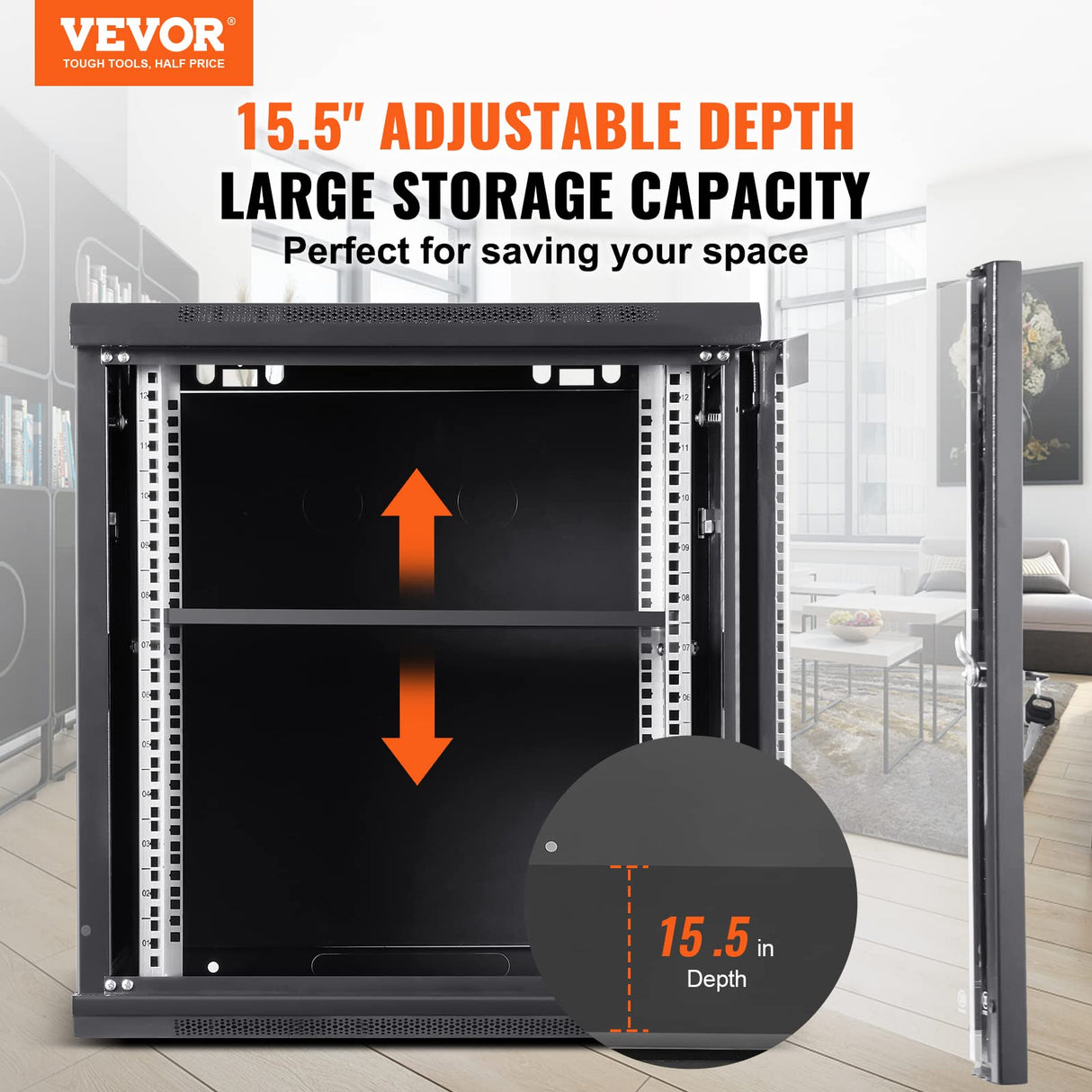 VEVOR Gabinete para servidor de red montaje en pared de 12U, 15,5" gabinete en rack para servidores 200 lbs con paneles laterales de puerta de vidrio con cerradura para equipos de TI, dispositivos A/V