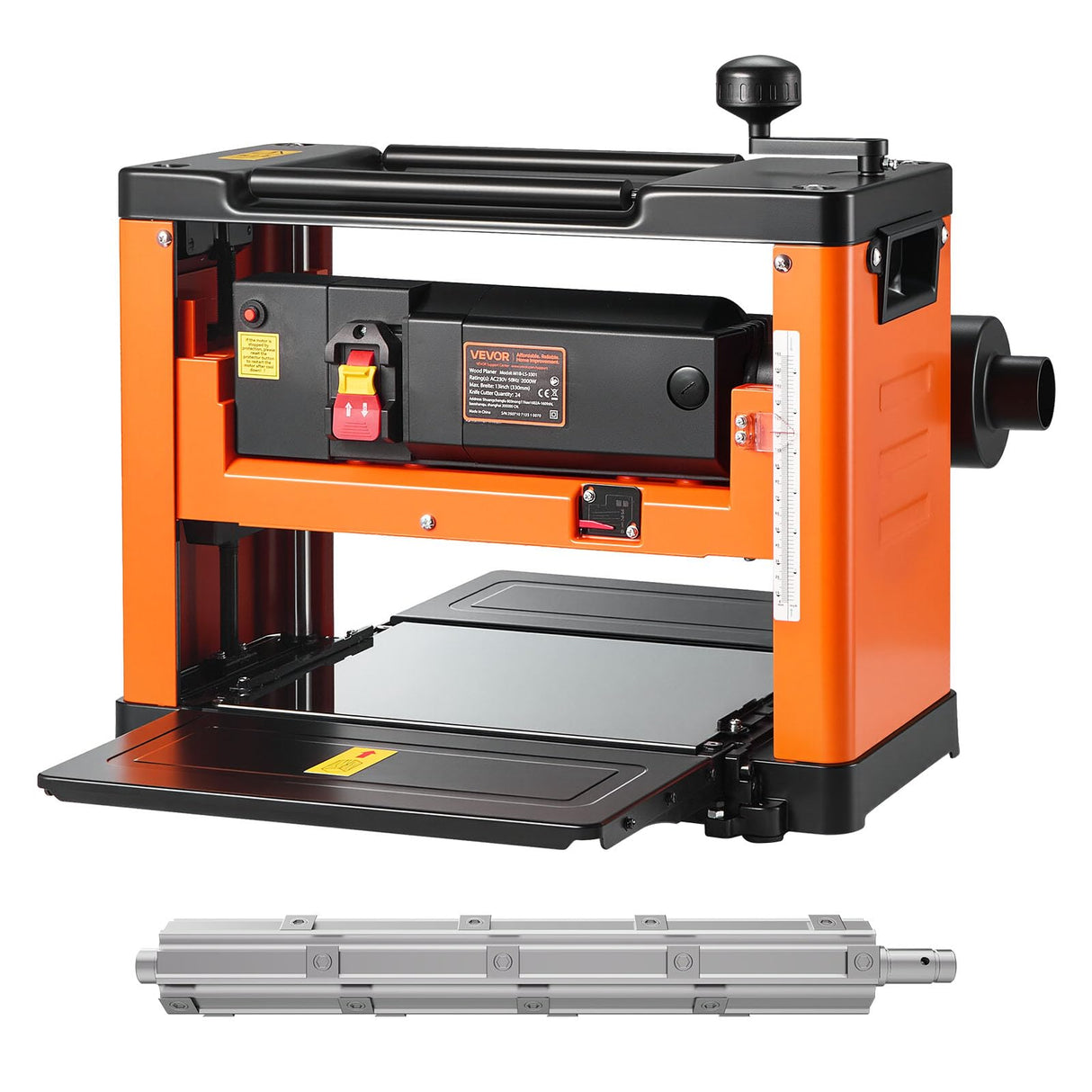 VEVOR Cepilladora Eléctrica, Mesa de Trabajo de 33 cm de Ancho, Cabezal de Corte en Espiral con 24 Insertos, 2000 W 23500 RPM Moto Potente, Rodillo Doble, Velocidad Única, para Madera Dura/Blanda