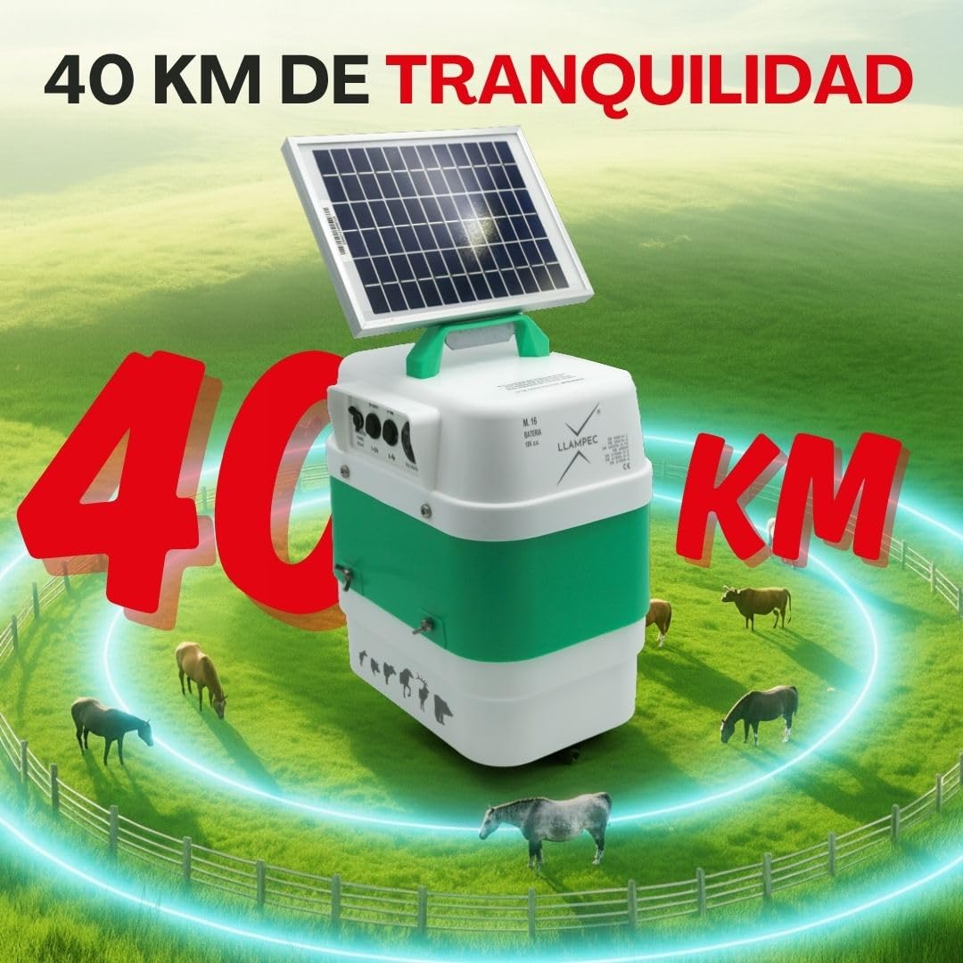 Llampec Pastor Eléctrico Solar 16S con Panel Solar 12v 5v Incluido – 4J 10.000V - 40 km de Alcance – Cerca eléctrica para Ganado, Caballos, Ovejas y Cerdos - Batería no incluida - Fabricado en España