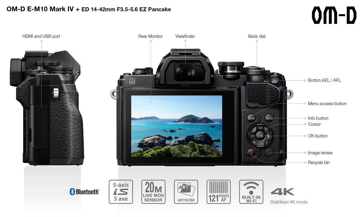 Kit de cámara del Sistema Micro Four Thirds Olympus OM-D E-M10 Mark IV, Sensor de 20 Mpx, Visor electrónico, vídeo 4K, Wi-Fi, Negro, Incluye el M.Zuiko Digital ED 14-42mm F3.5-5.6 EZ Pancake Negro