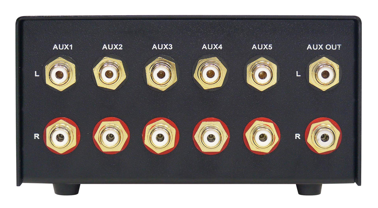 Dynavox AUX-S, Interruptor de expansión de Entrada en Carcasa de Metal con 5 entradas RCA, para amplificadores estéreo y Surround, Color Negro