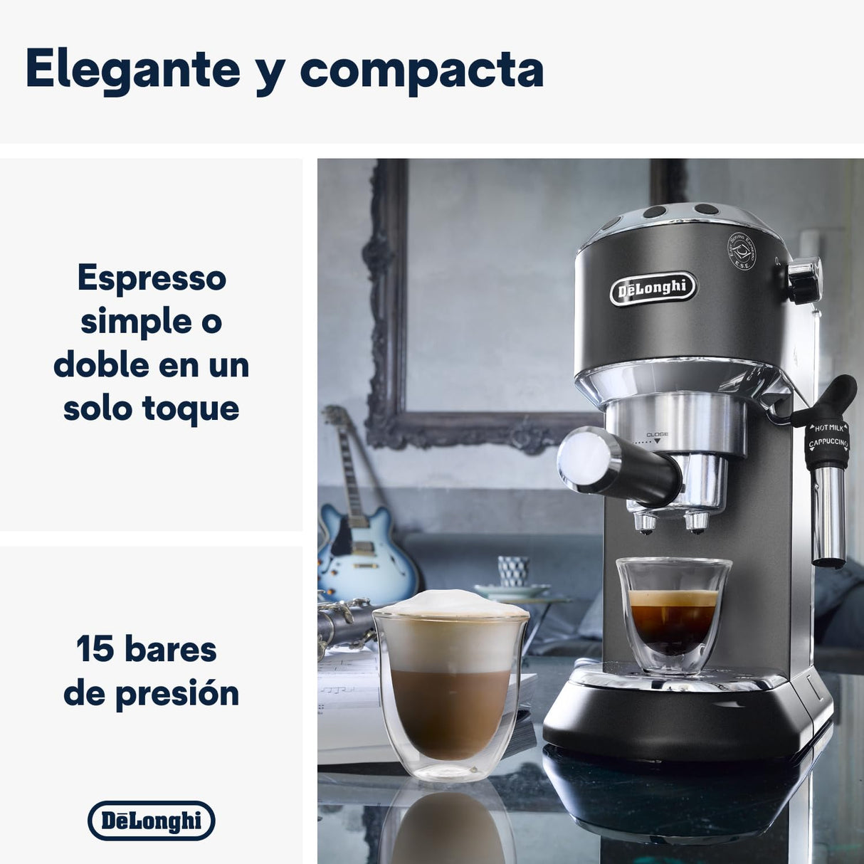 De'Longhi Dedica - Cafetera de Bomba de Acero Inoxidable para Café Molido o Monodosis, Cafetera para Espresso y Cappuccino, Depósito de 1.3 Litros, Sistema Anti-goteo, EC685.BK, Negro