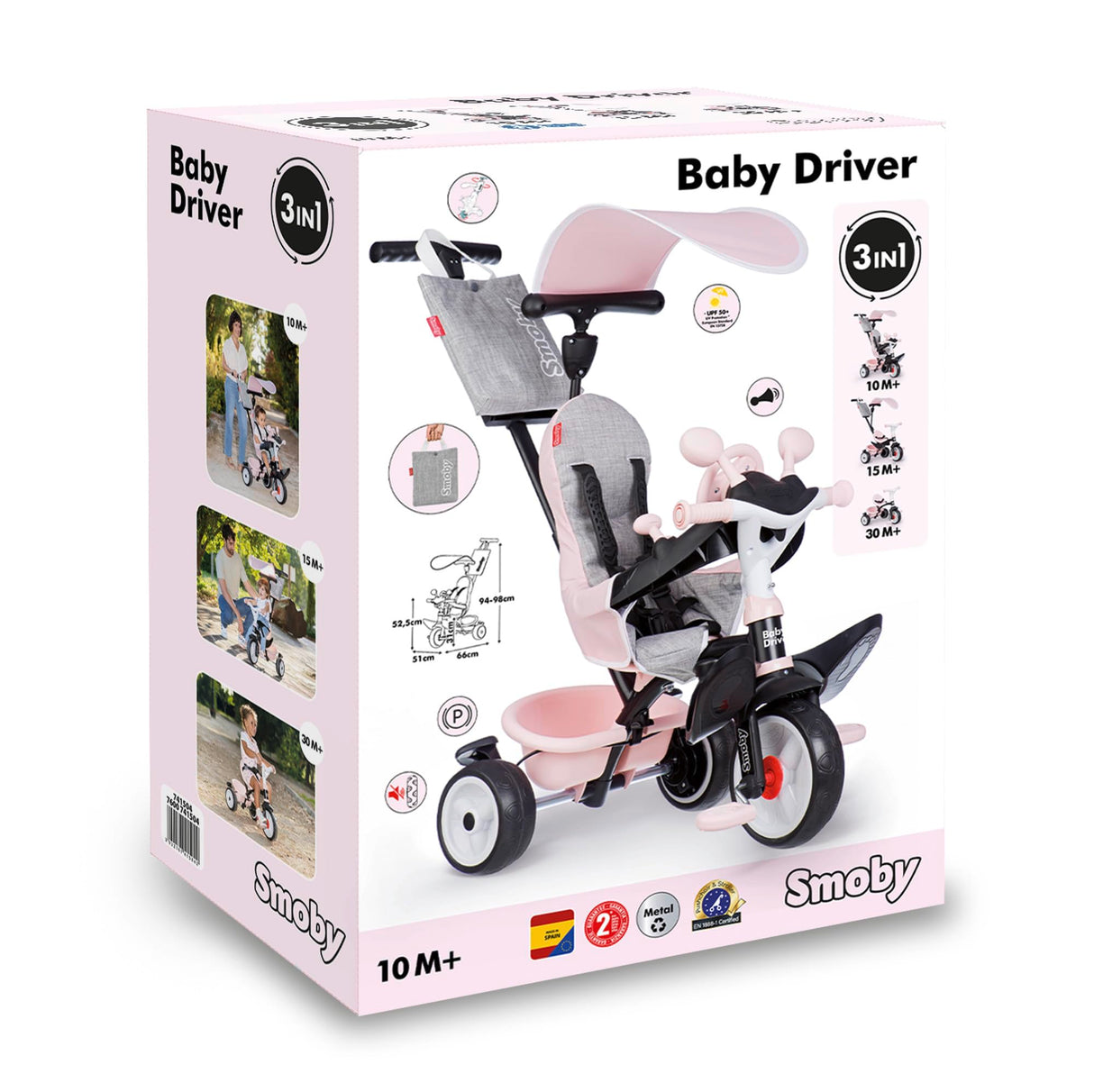 Smoby Triciclo Baby Driver Confort Rosa 3 en 1 Progresivo para Niños a Partir de 10 Meses, con Parasol Anti-UV, Volante con Claxon y Ruedas Silenciosas (7600741504)