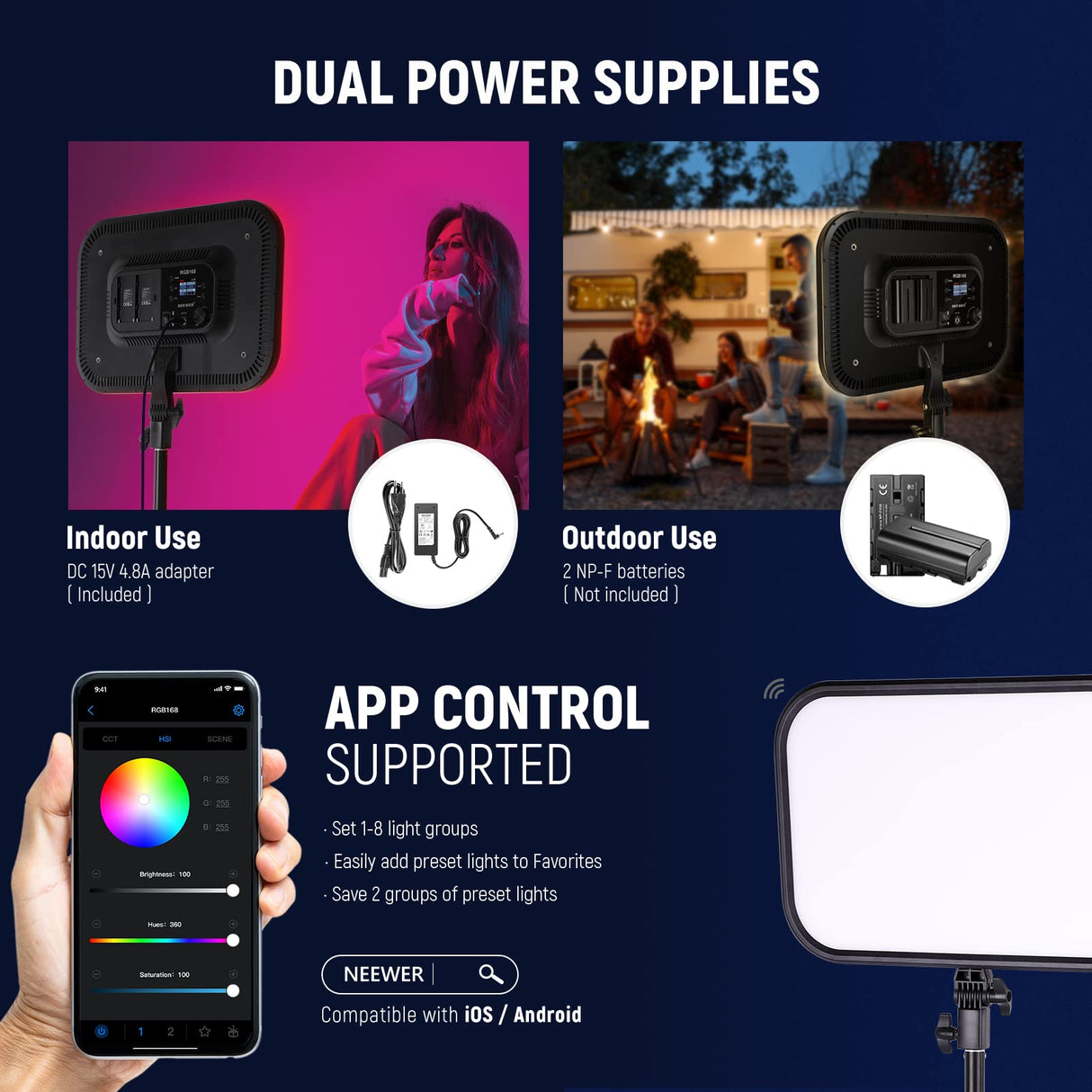NEEWER 18,3" Panel de Luz Video Luz LED Foco RGB con Control App, 360° a Todo Color, 1 Paquete 60W 2500K ~ 8500K Panel RGB CRI/TLCI 97+ con 17 Efectos para Juegos Youtube Iluminación Fotografía