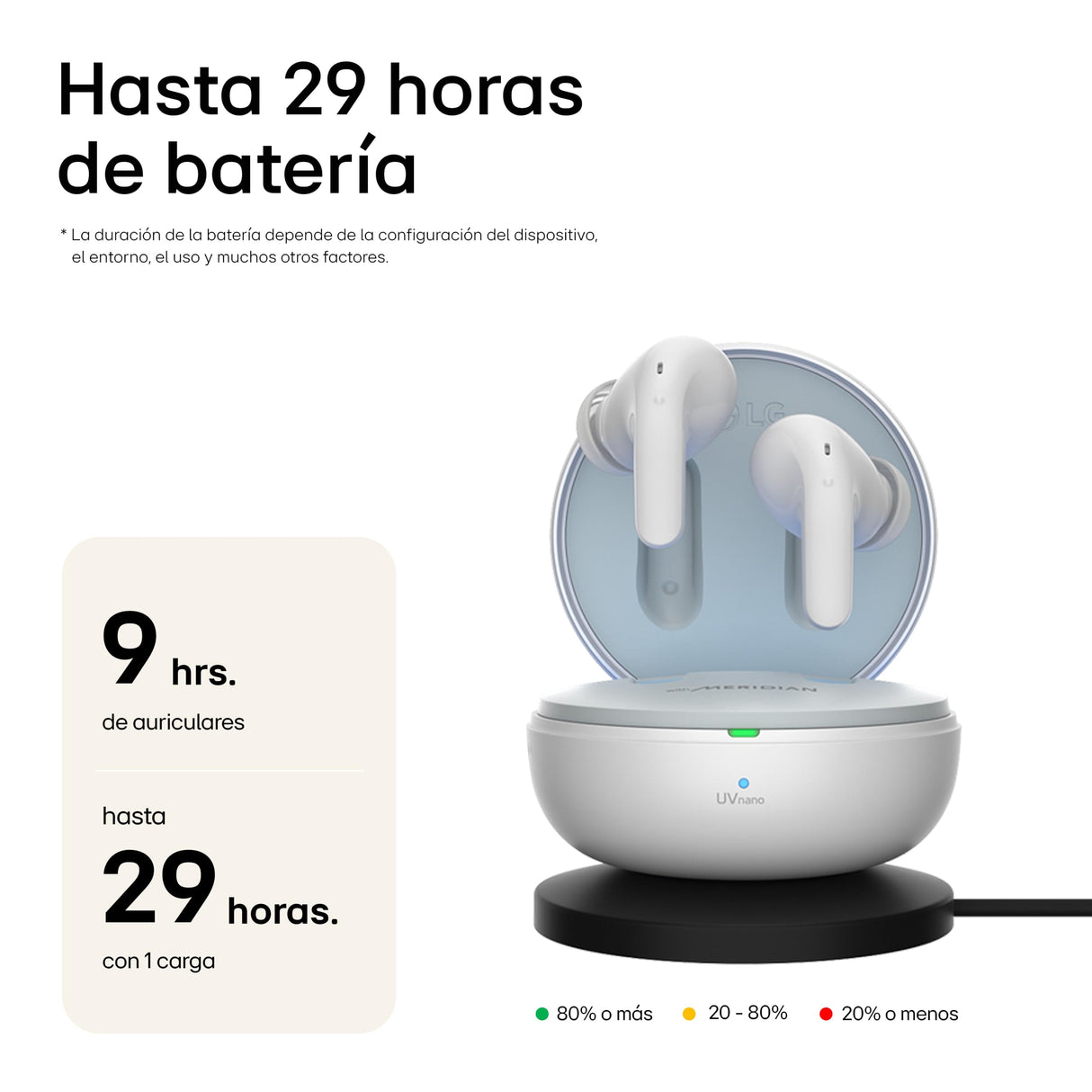 LG Electronics Auriculares Tone Free DT80Q, Bluetooth 5.2 con Sistema de Sonido Meridian y Función de Carga Rápida, Blanco