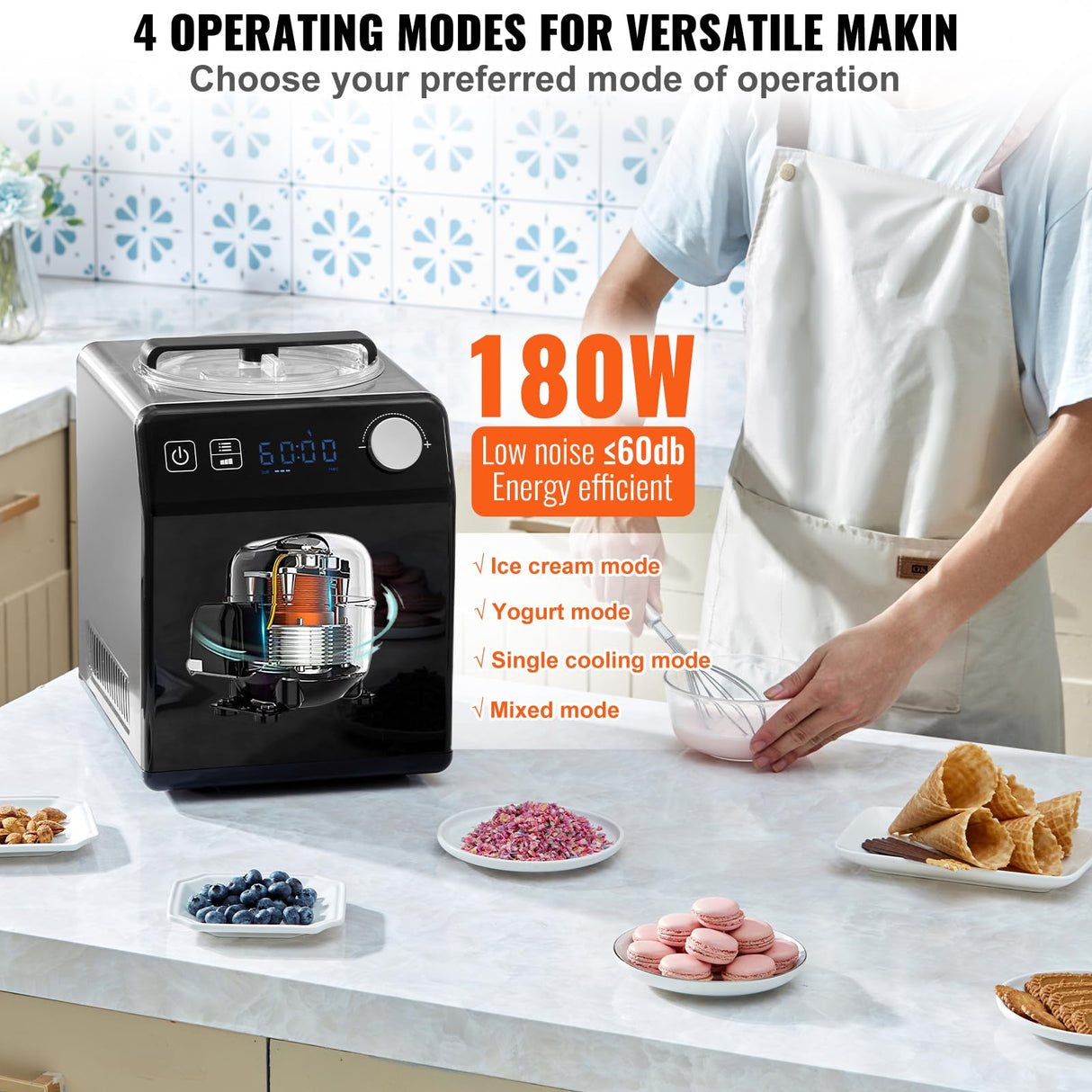 VEVOR Máquina Automática para Hacer Helados 2L Heladera Eléctrica Profesional 180W Máquina para Hacer Helados Pantalla LCD Preparación Rápida sin Precongelación para Hacer Sorbete Yogur Helado, Negro