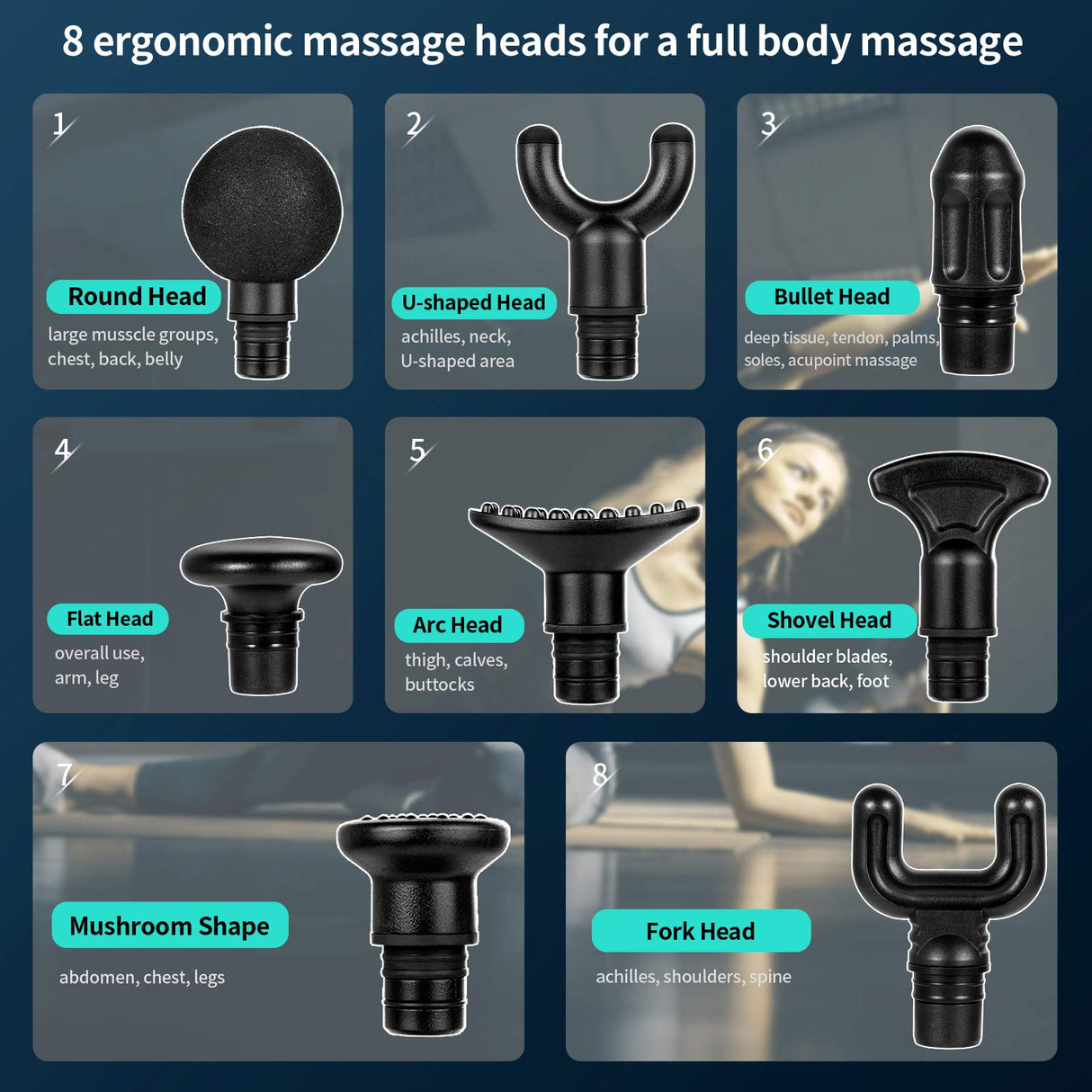 Mini Pistola de Masaje, ACTION Masajeador Muscular Portátil, MINI Masajeador Profesional de Tejido Profundo, Pistola de Terapia de Palma con 4 Niveles Ajustables, 8 Cabezales de Masaje, Gris