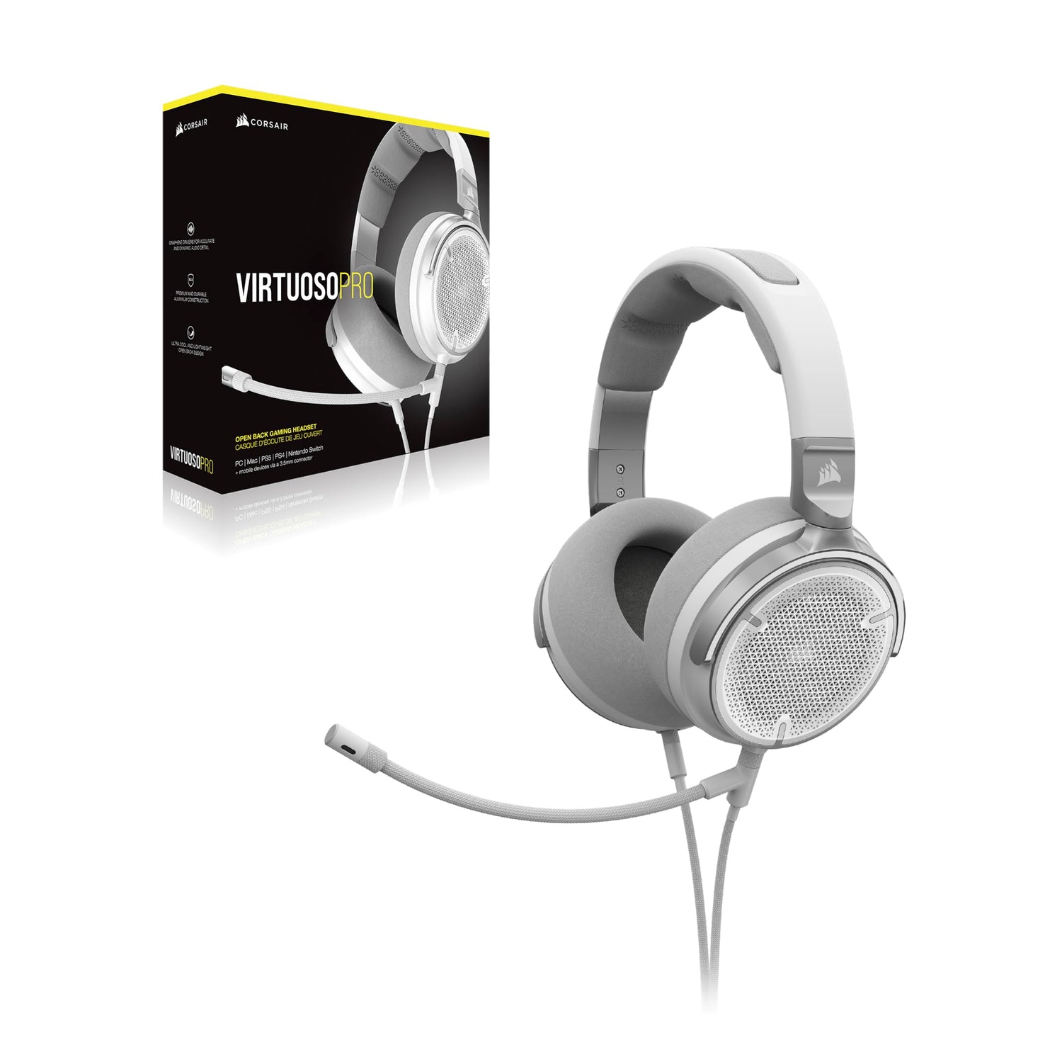 Corsair VIRTUOSO PRO Auriculares con Cable para Juegos Multiplataforma de Espalda Abierta - Micrófono Desmontable - Controladores Grafeno - PC, Mac, PS5, PS4, Xbox, Nintendo Switch, Móvil - Blanco