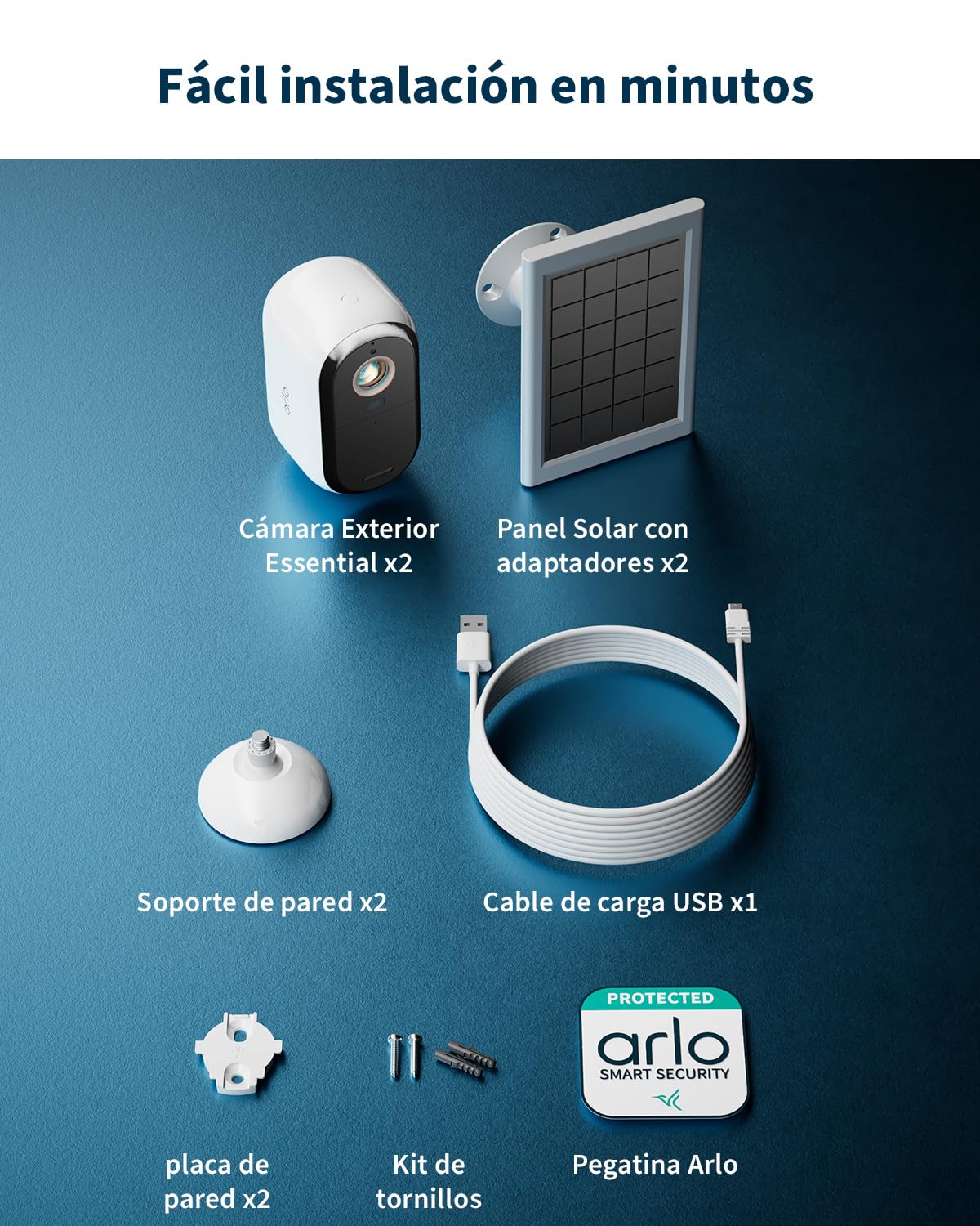 Arlo Essential 3 HD + 2 Paneles solares, cámara WiFi Exterior, batería de 6 Meses, visión Nocturna, Audio bidireccional, 2 cámaras Blancas