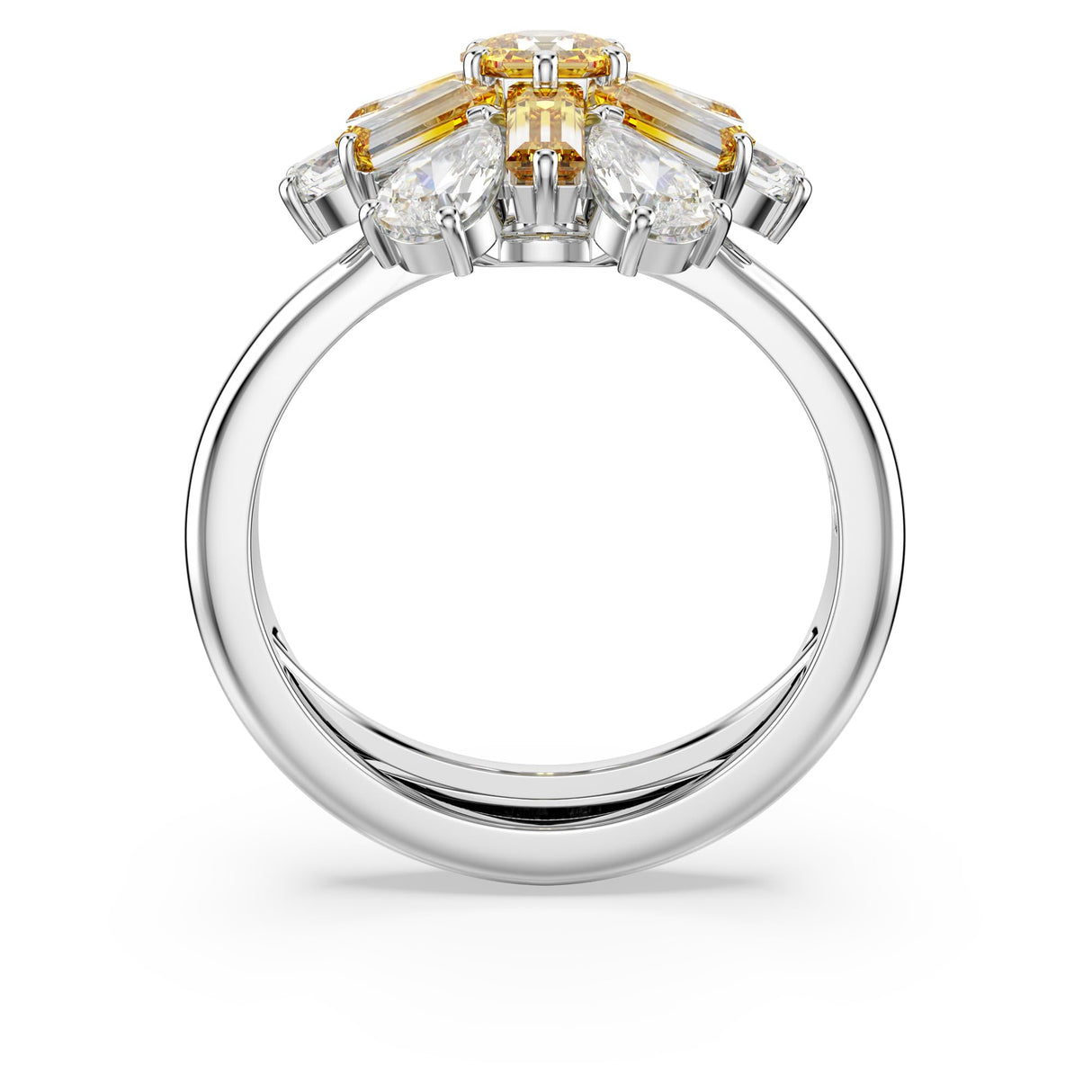Swarovski Anillo de cóctel Idyllia, Tallas mixtas, Flor, Amarillo, Baño de rodio, 50-55