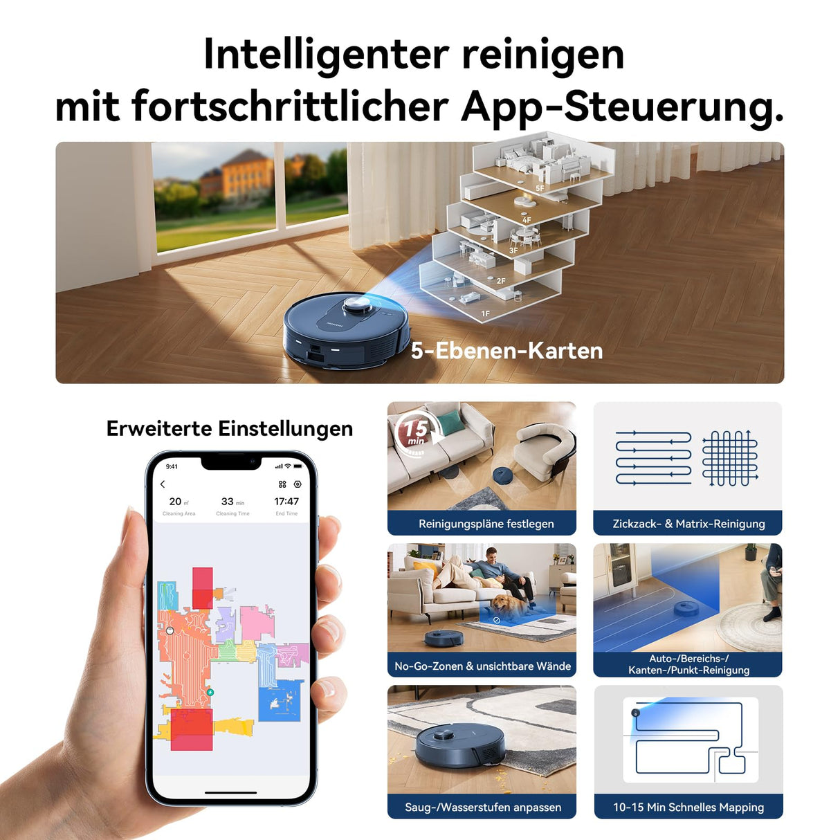 Proscenic Q8 Robot Aspirador con función de Limpieza, 4200 Pa, 200 min, Potente Robot de navegación láser con 5 Tarjetas, Control Mediante aplicación Alexa Siri IFTTT, para Suelos, alfombras, Pelo de