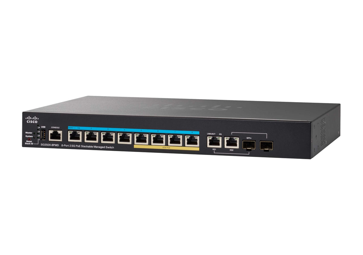 Switch administrado apilable SG350X-8PMD de Cisco con 8 puertos multigigabit de 2,5 G más PoE de 240 W, 2 SPF+ de combinación de 10 G, protección limitada de por vida (SG350X-8PMD-K9-EU)