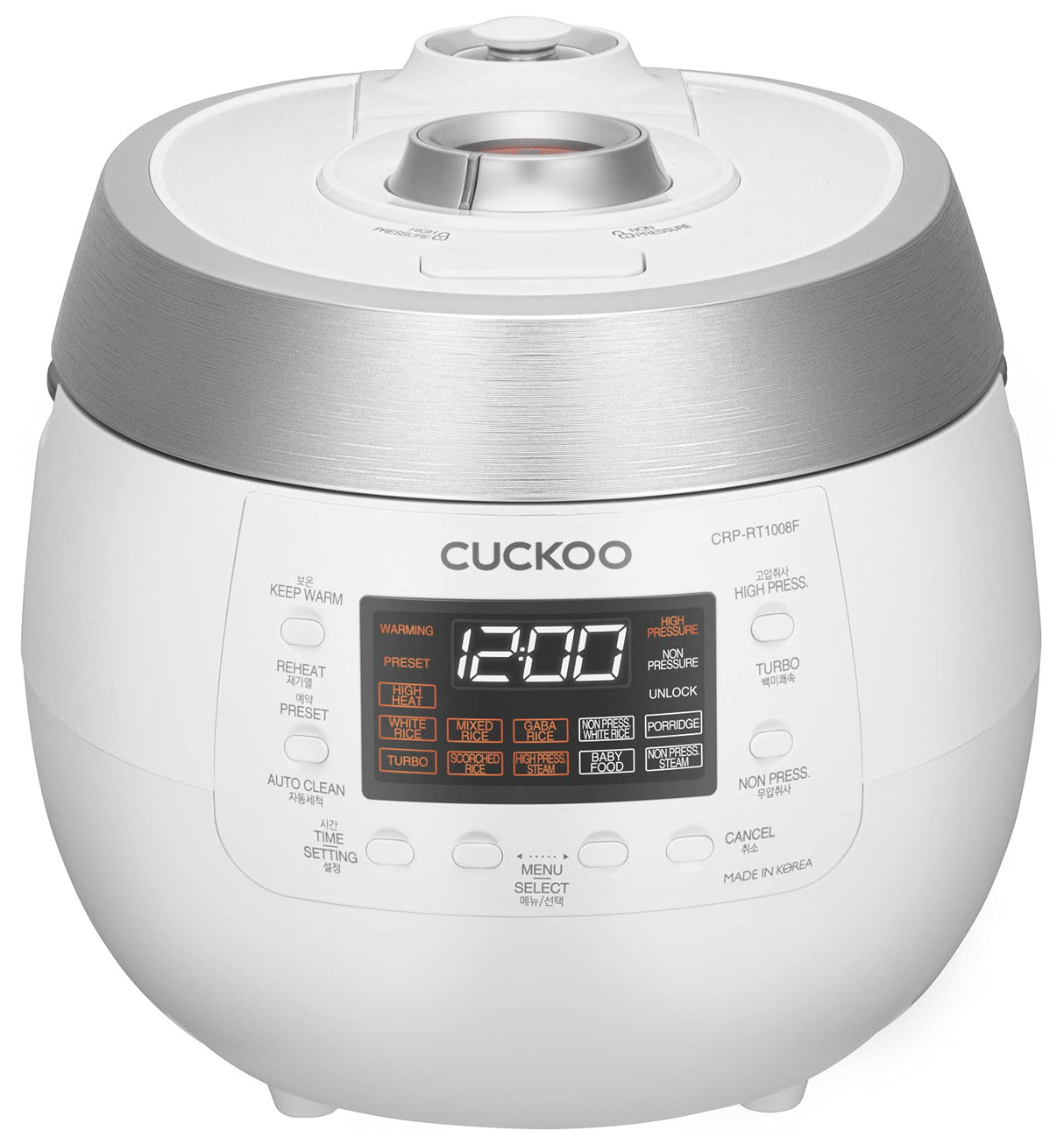 CUCKOO CRP-RT1008F - Arrocera a presión de vapor digital, 1150 W, 1,8 litros, 10 tazas, color blanco
