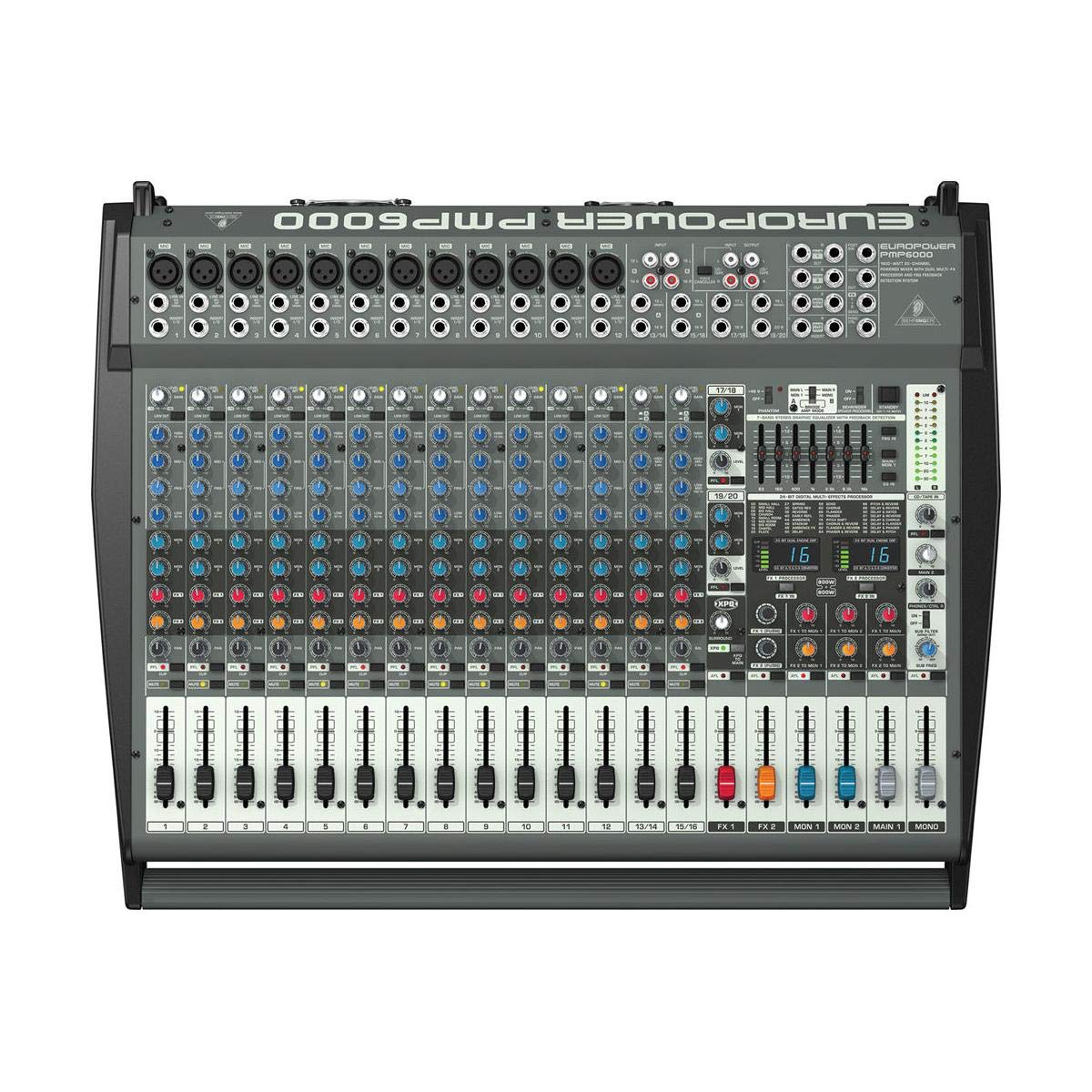 Behringer EUROPOWER PMP6000 Mezclador autoamplificado de 1600 vatios y 20 canales con procesador Dual Multi-FX y sistema de detección de retroalimentación FBQ