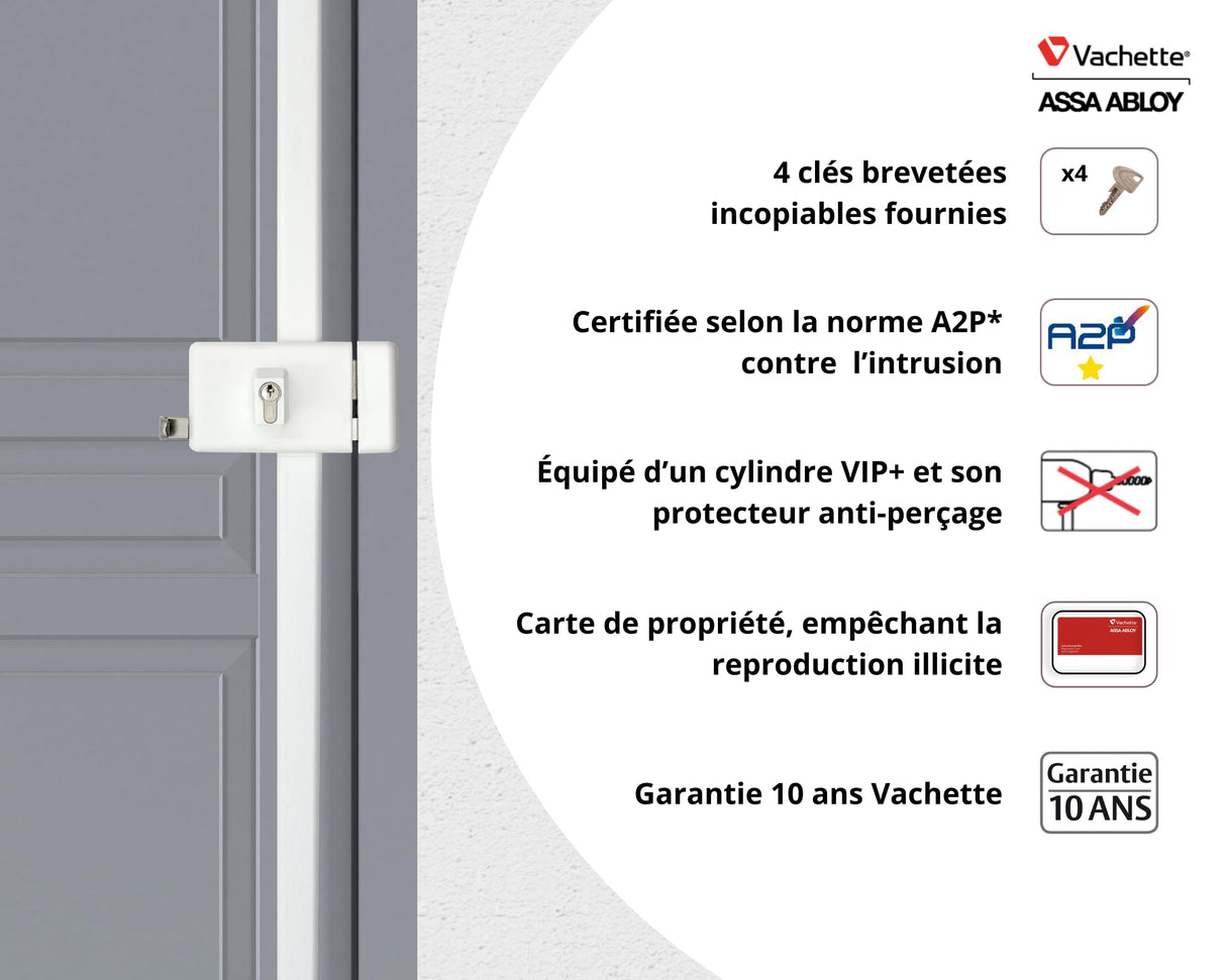 Vachette - Cerradura de aplique multipunto horizontal con tirada múltiple serie 8800, tiro derecho, certificado A2P*, alta seguridad, 3 puntos de cierre, 4 llaves VIP+ patentadas incluidas, color